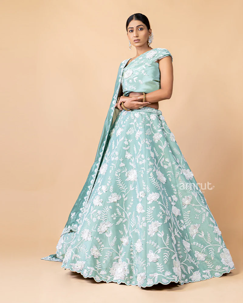 Mint Green Unstitched  Lehenga With Dupatta - Image 5