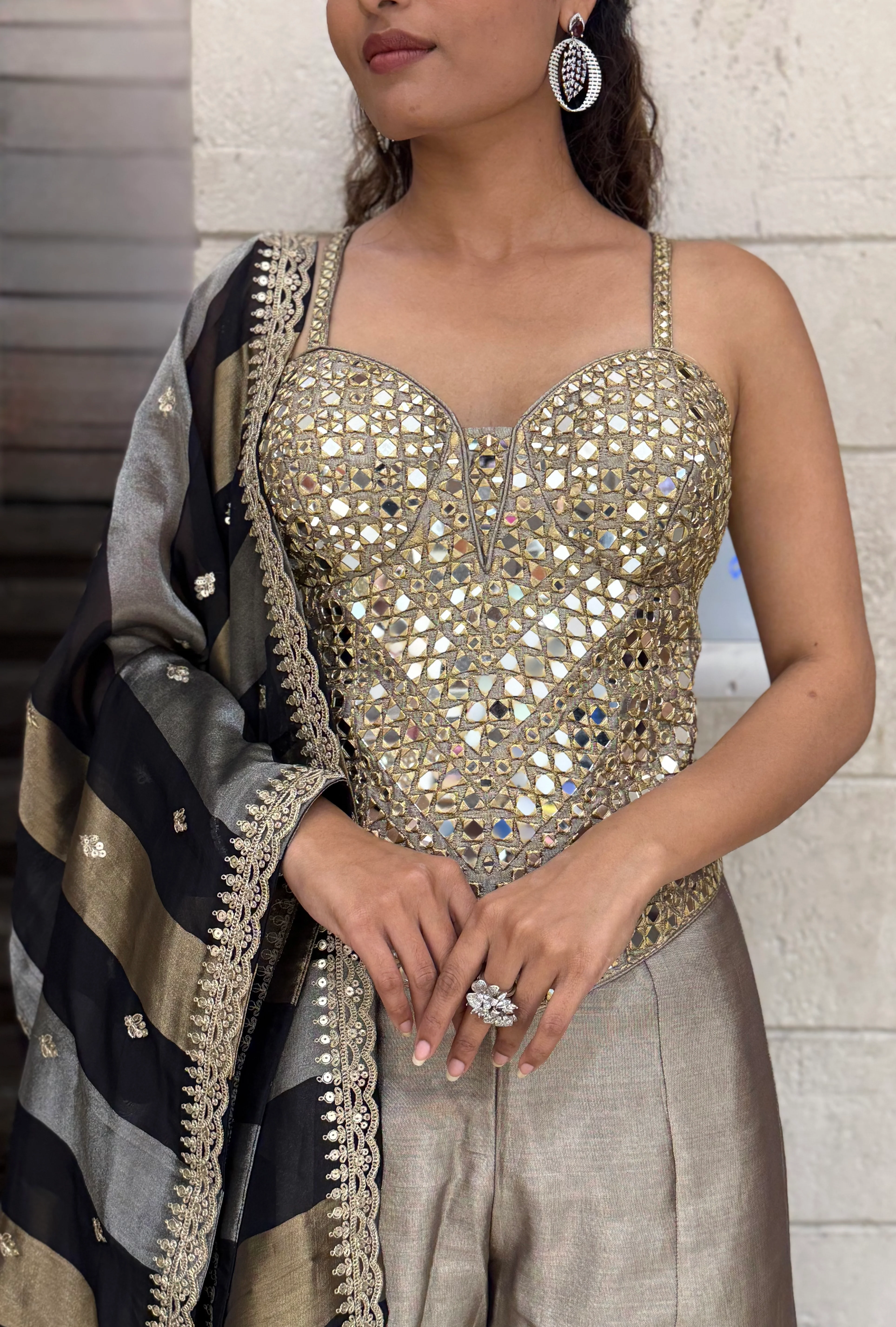 Mirror Work Corset Top with Flared Palazzo & Dupatta Set - Image 2