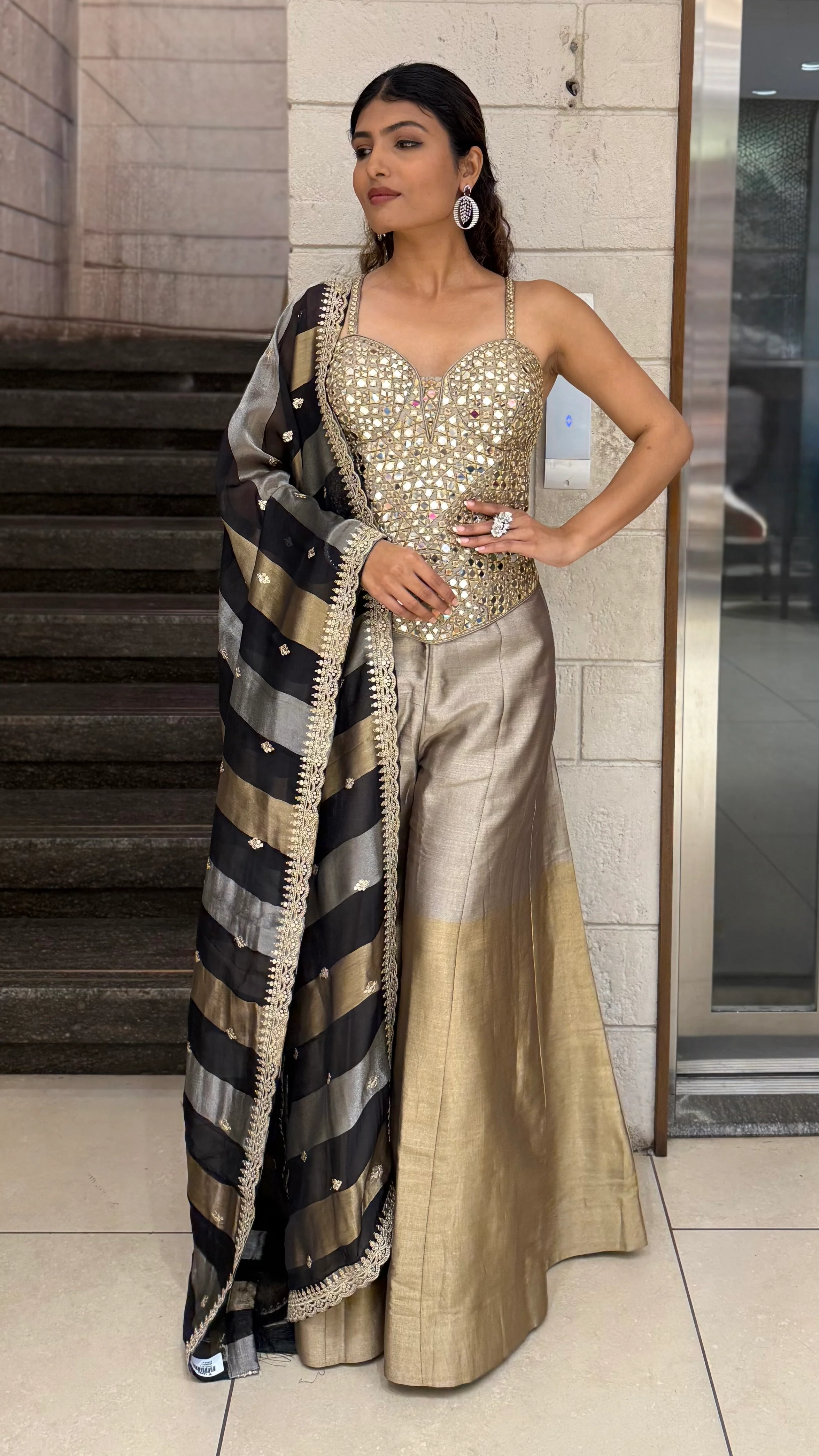 Mirror Work Corset Top with Flared Palazzo & Dupatta Set - Image 4