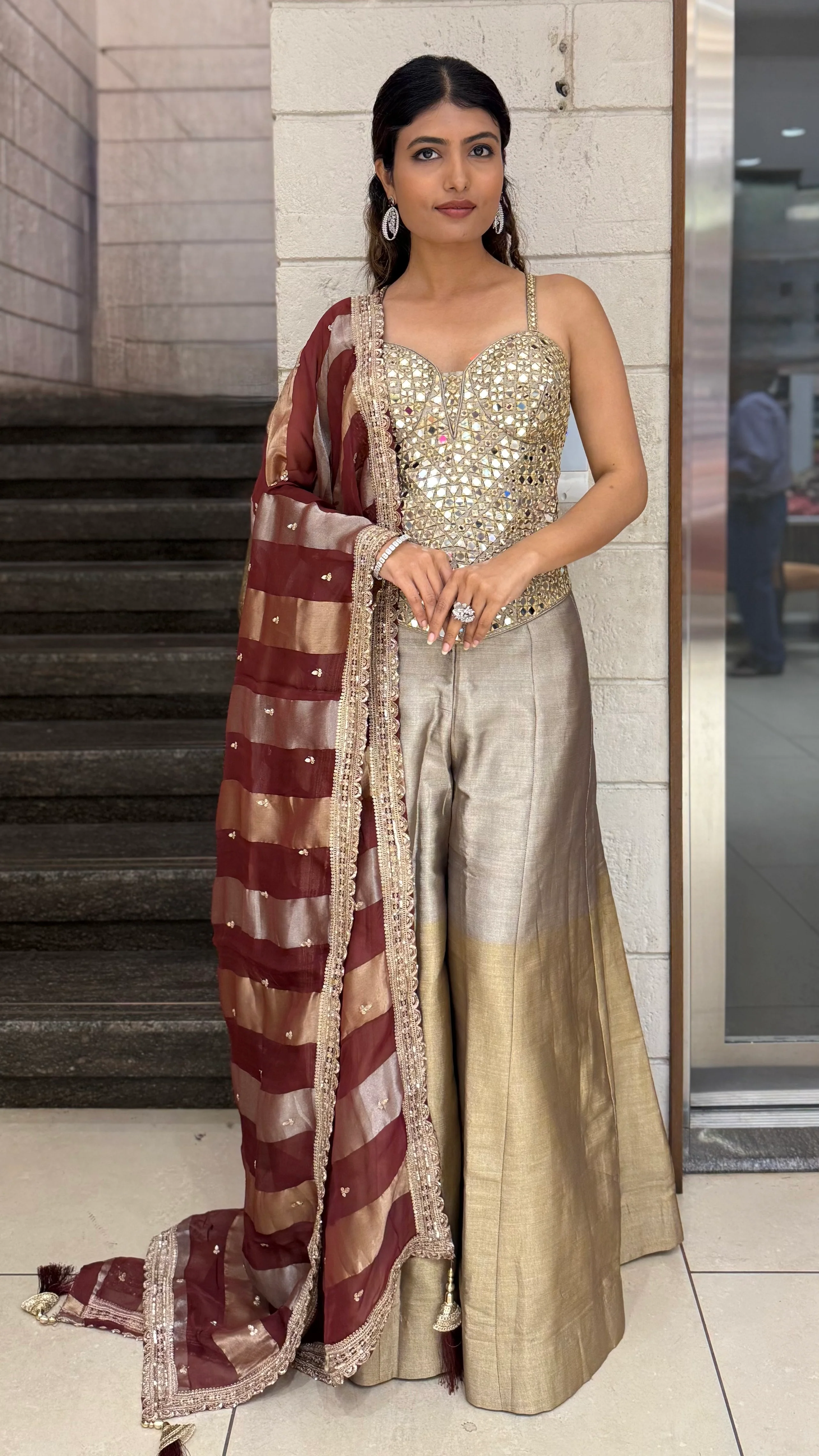 Mirror Work Corset Top with Flared Palazzo & Dupatta Set - Image 5