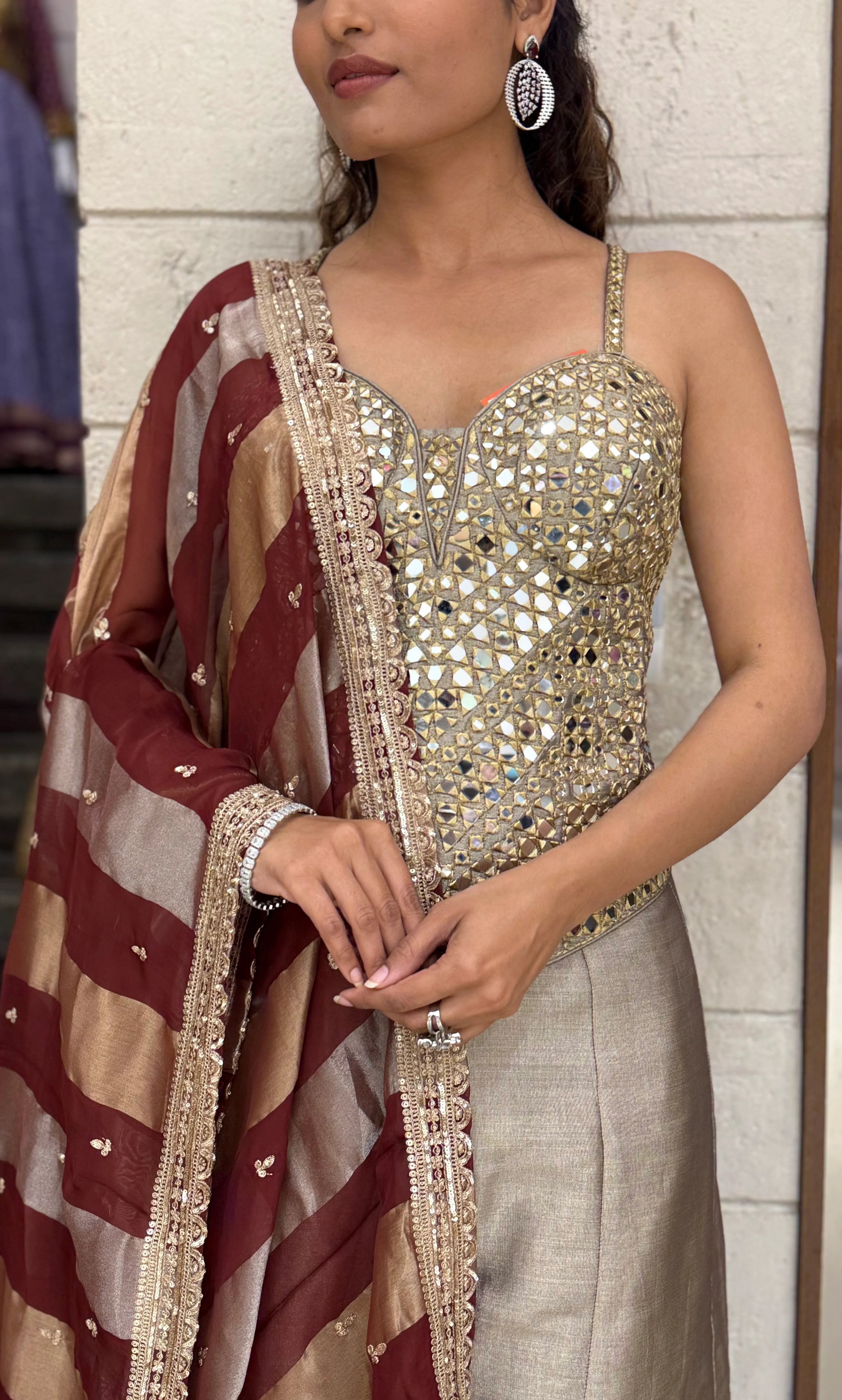 Mirror Work Corset Top with Flared Palazzo & Dupatta Set - Image 6