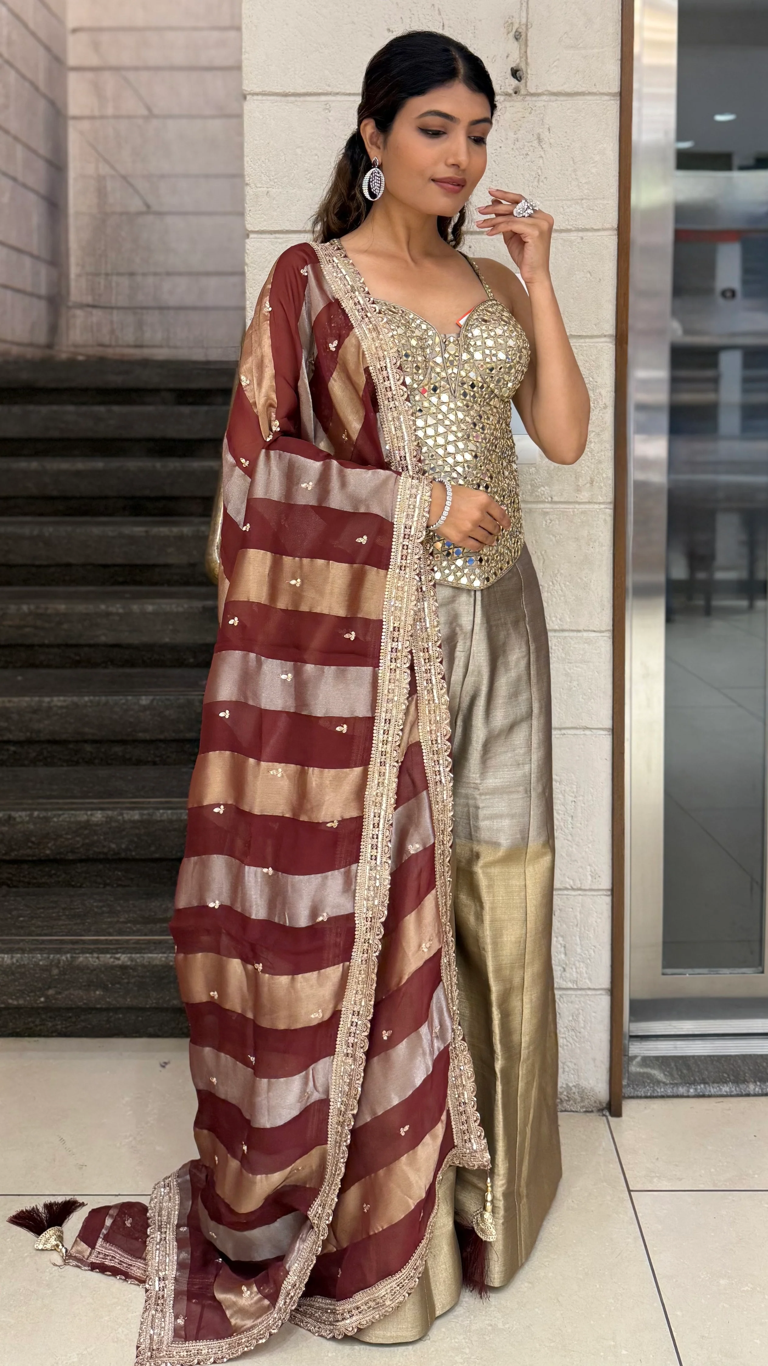 Mirror Work Corset Top with Flared Palazzo & Dupatta Set - Image 8