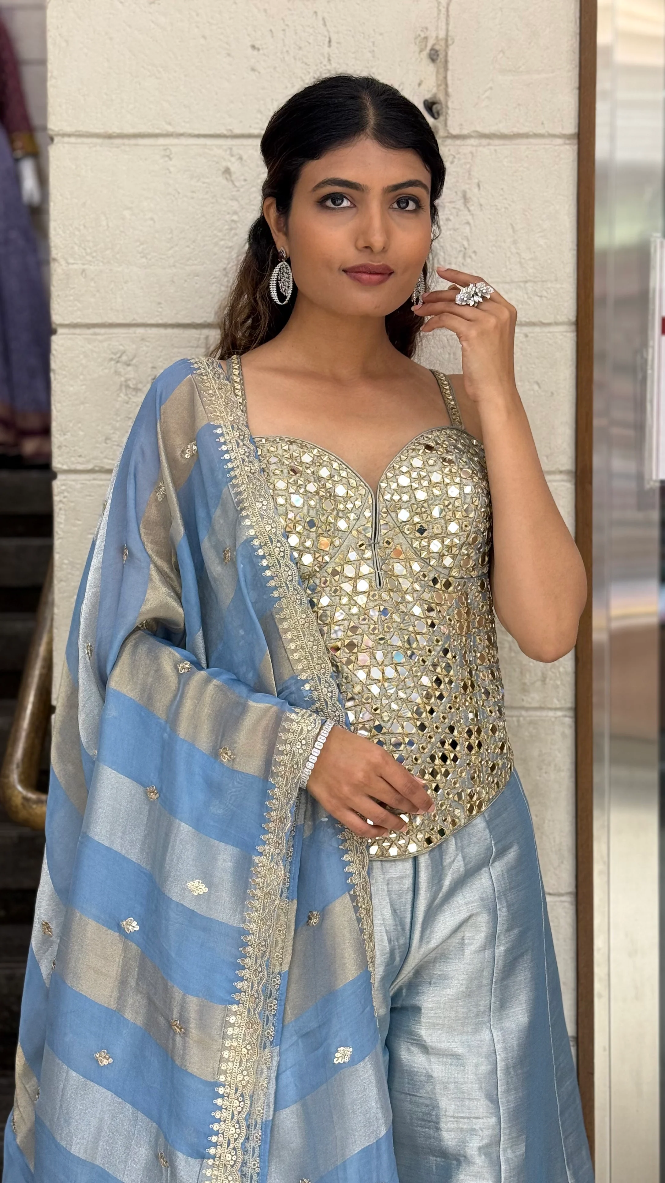 Mirror Work Corset Top with Palazzo Pants & Designer Dupatta Set - Image 3