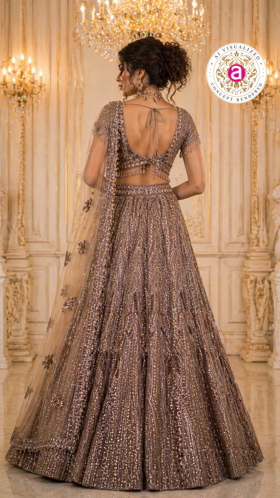 Mocha Brown Designer Lehenga Set with Sequins Embellished Blouse and Net Dupatta - Image 2