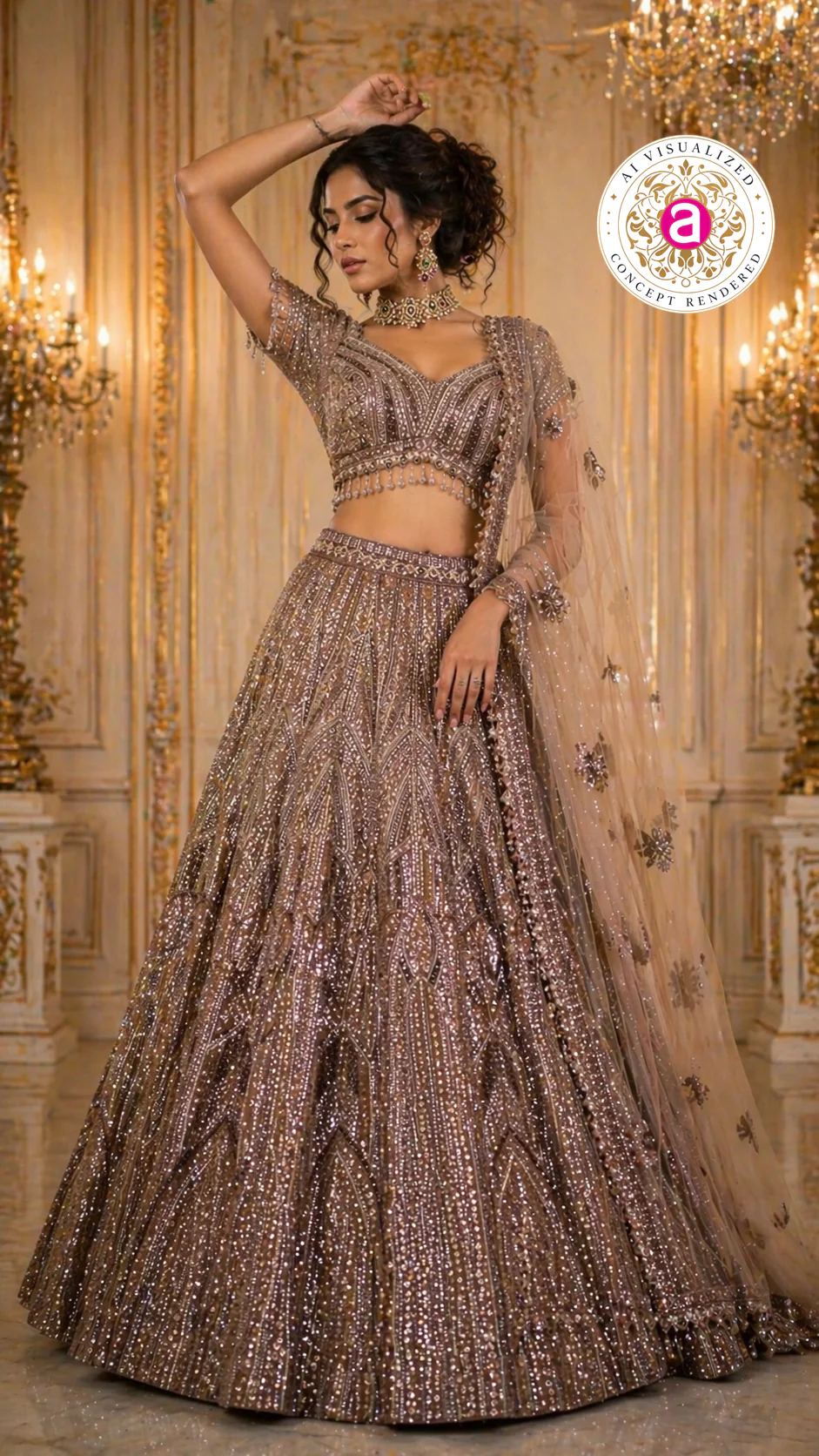 Mocha Brown Designer Lehenga Set with Sequins Embellished Blouse and Net Dupatta - Image 3
