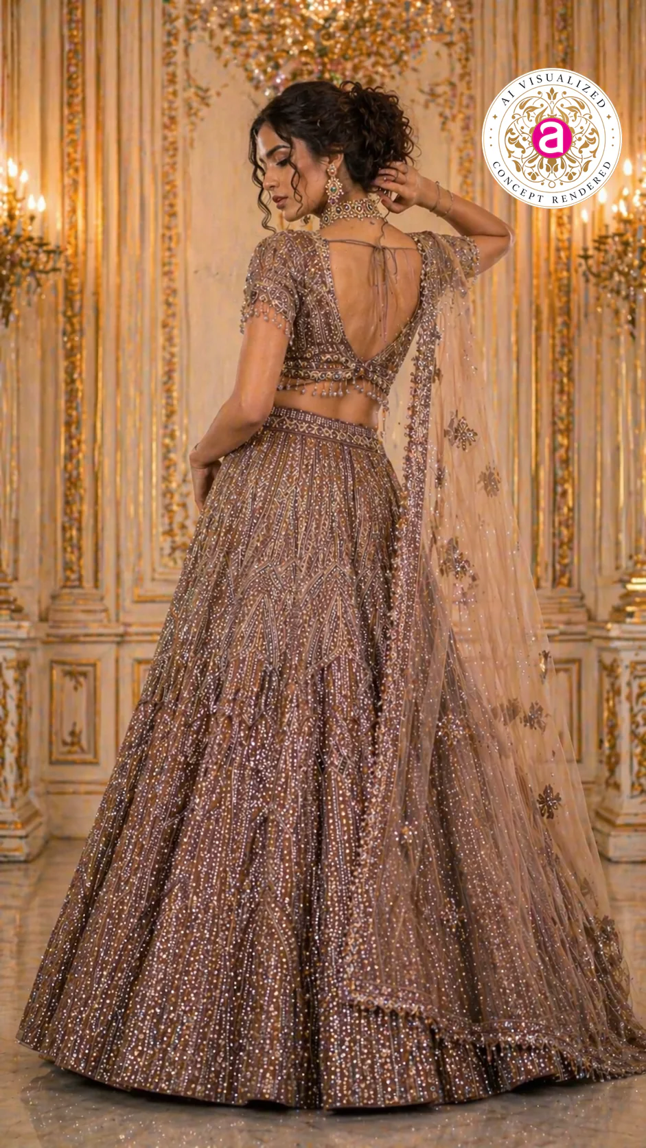 Mocha Brown Designer Lehenga Set with Sequins Embellished Blouse and Net Dupatta - Image 4