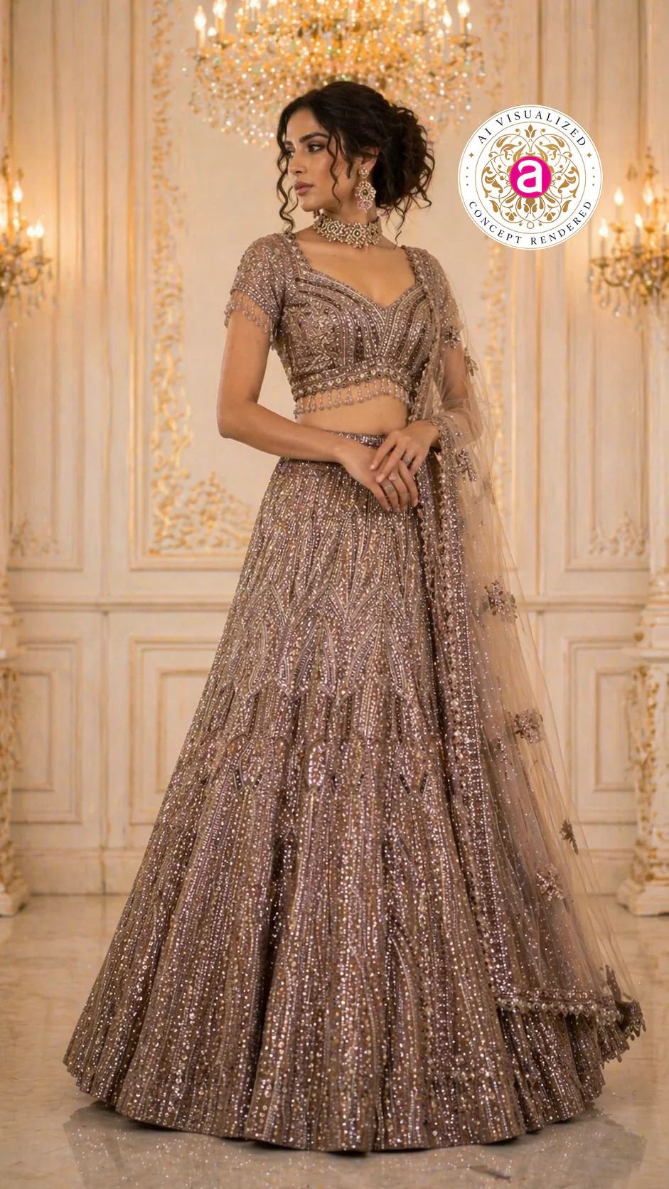 Mocha Brown Designer Lehenga Set with Sequins Embellished Blouse and Net Dupatta - Image 5