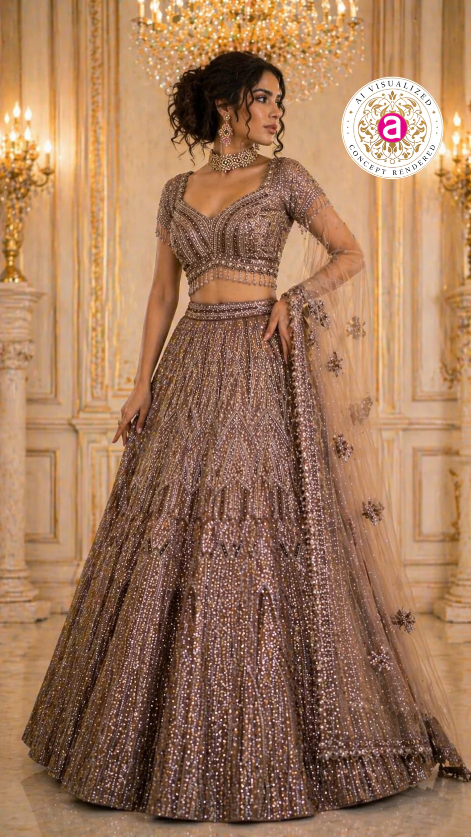 Mocha Brown Designer Lehenga Set with Sequins Embellished Blouse and Net Dupatta - Image 6