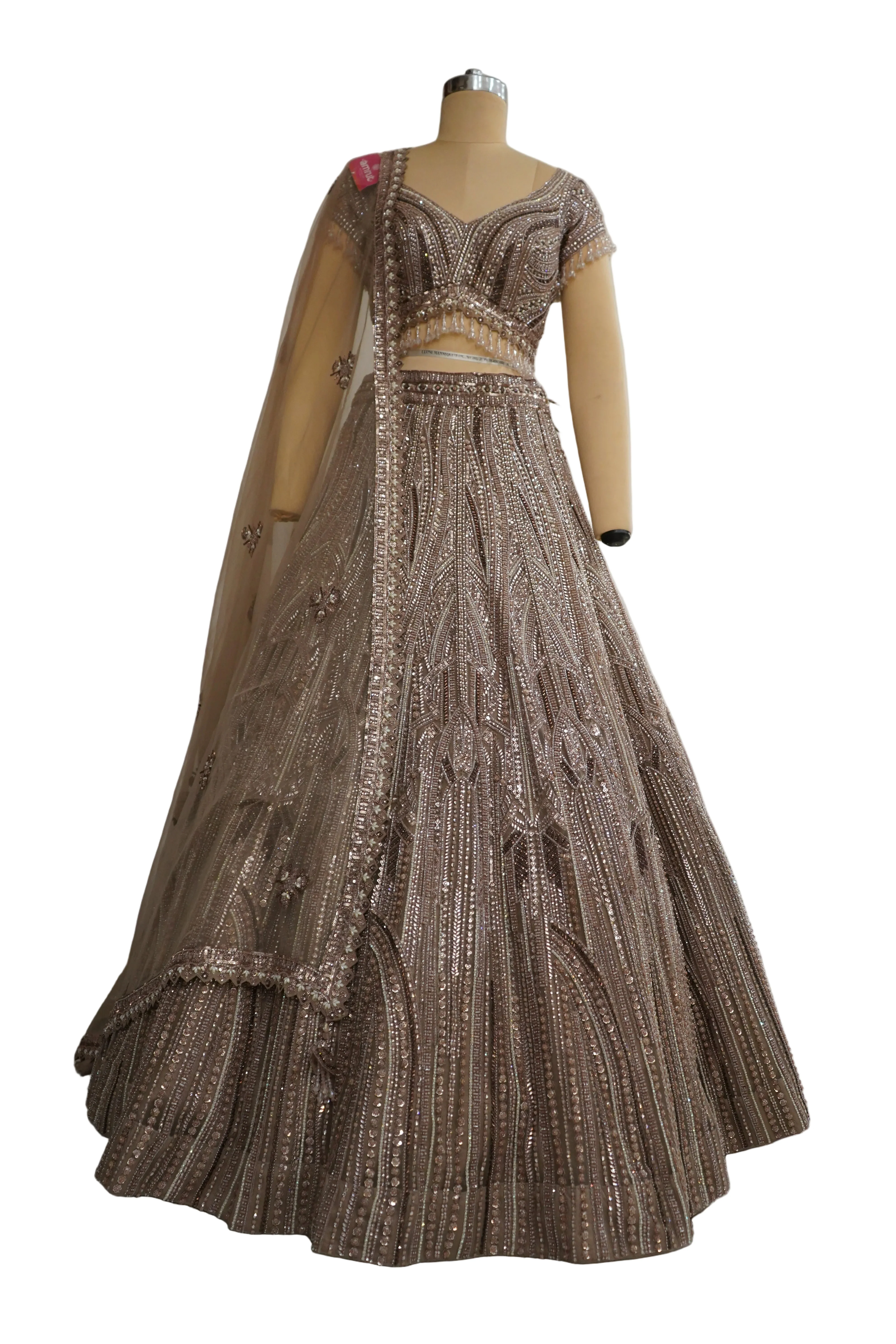 Mocha Brown Designer Lehenga Set with Sequins Embellished Blouse and Net Dupatta - Image 7