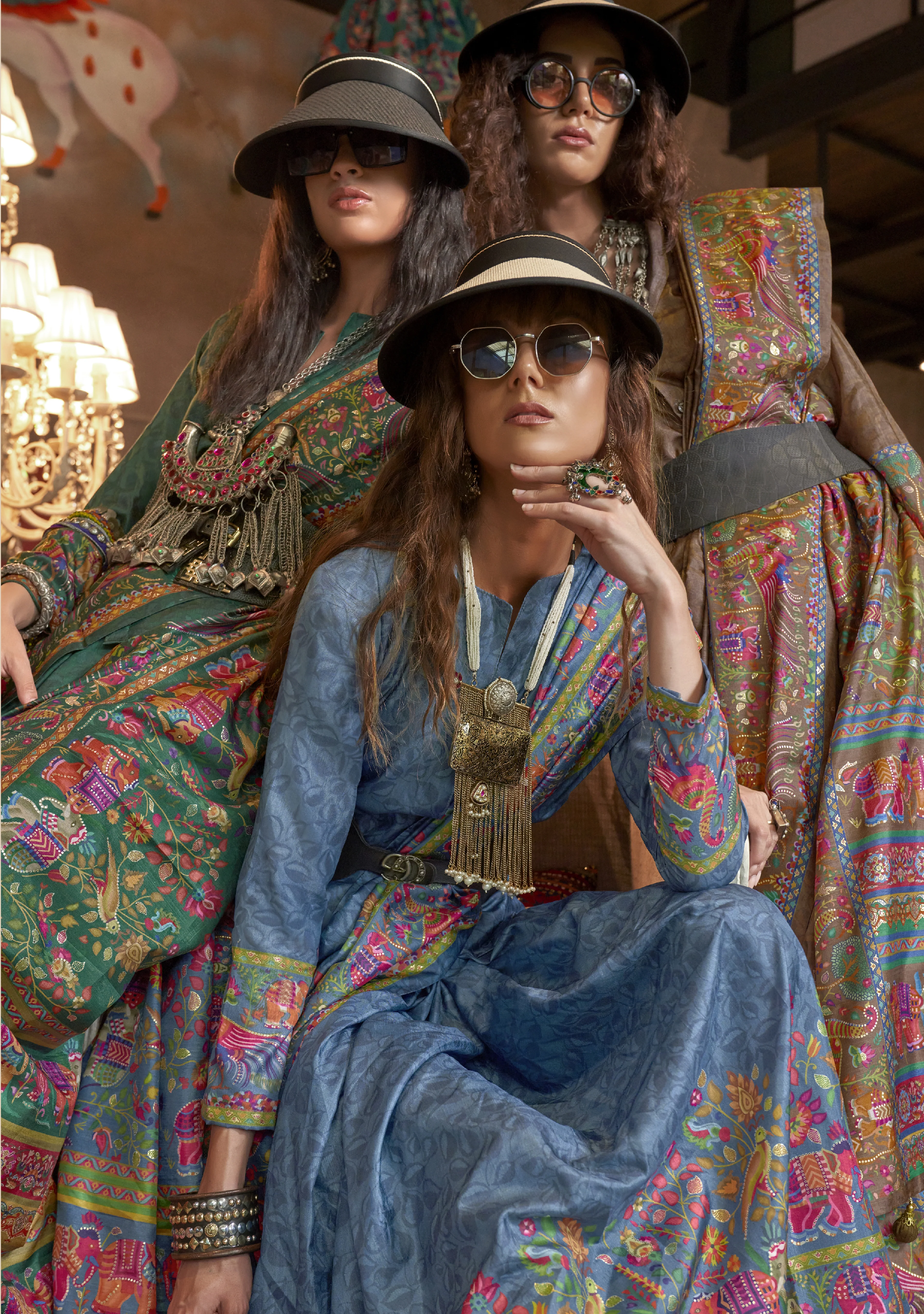 Mocha Brown Pashmina Prints Inspired Designer Saree with Folk Motifs - Image 3