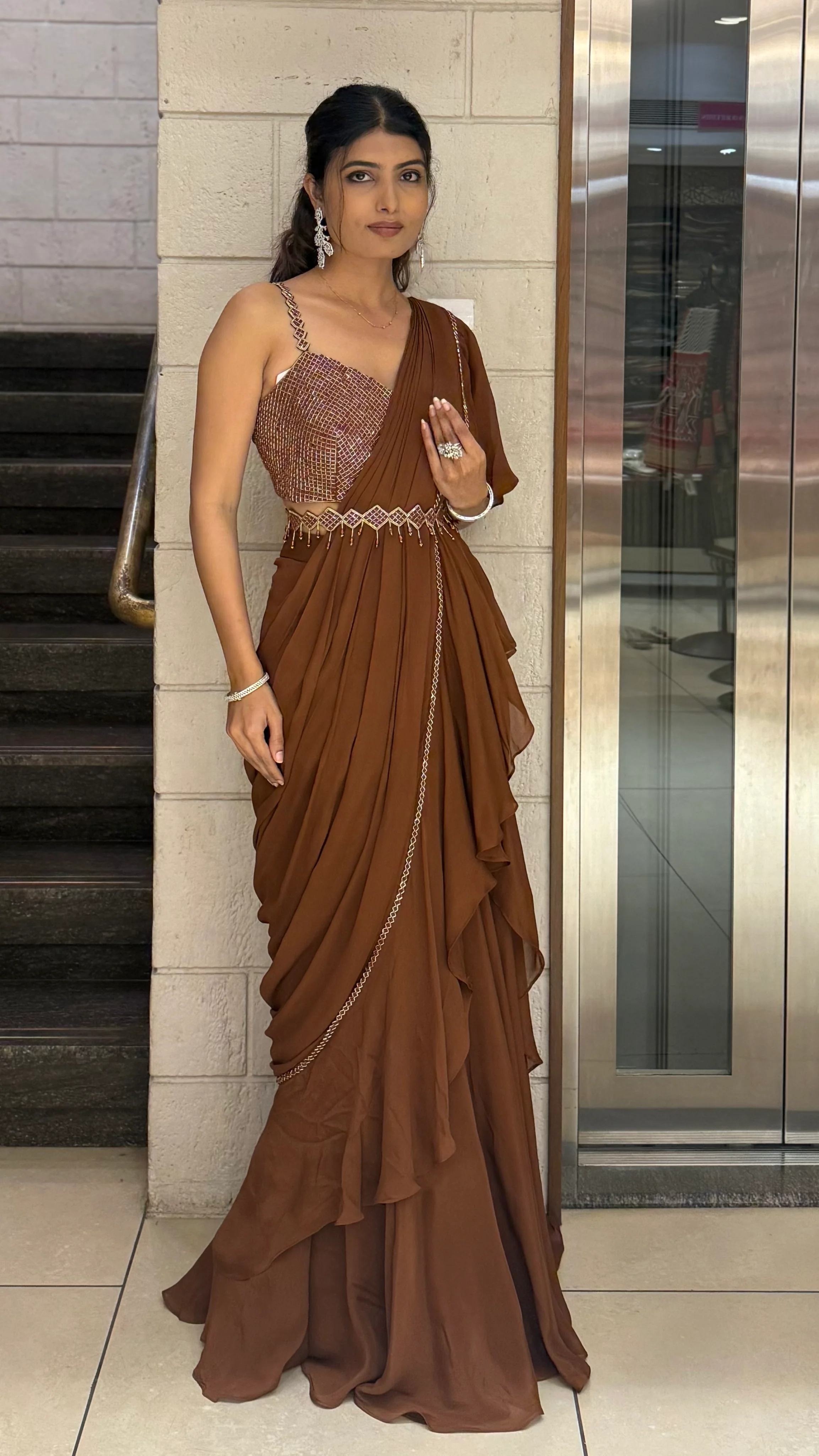 Mocha Brown Ruffle READY TO WEAR Saree with Embellished Blouse - Image 3