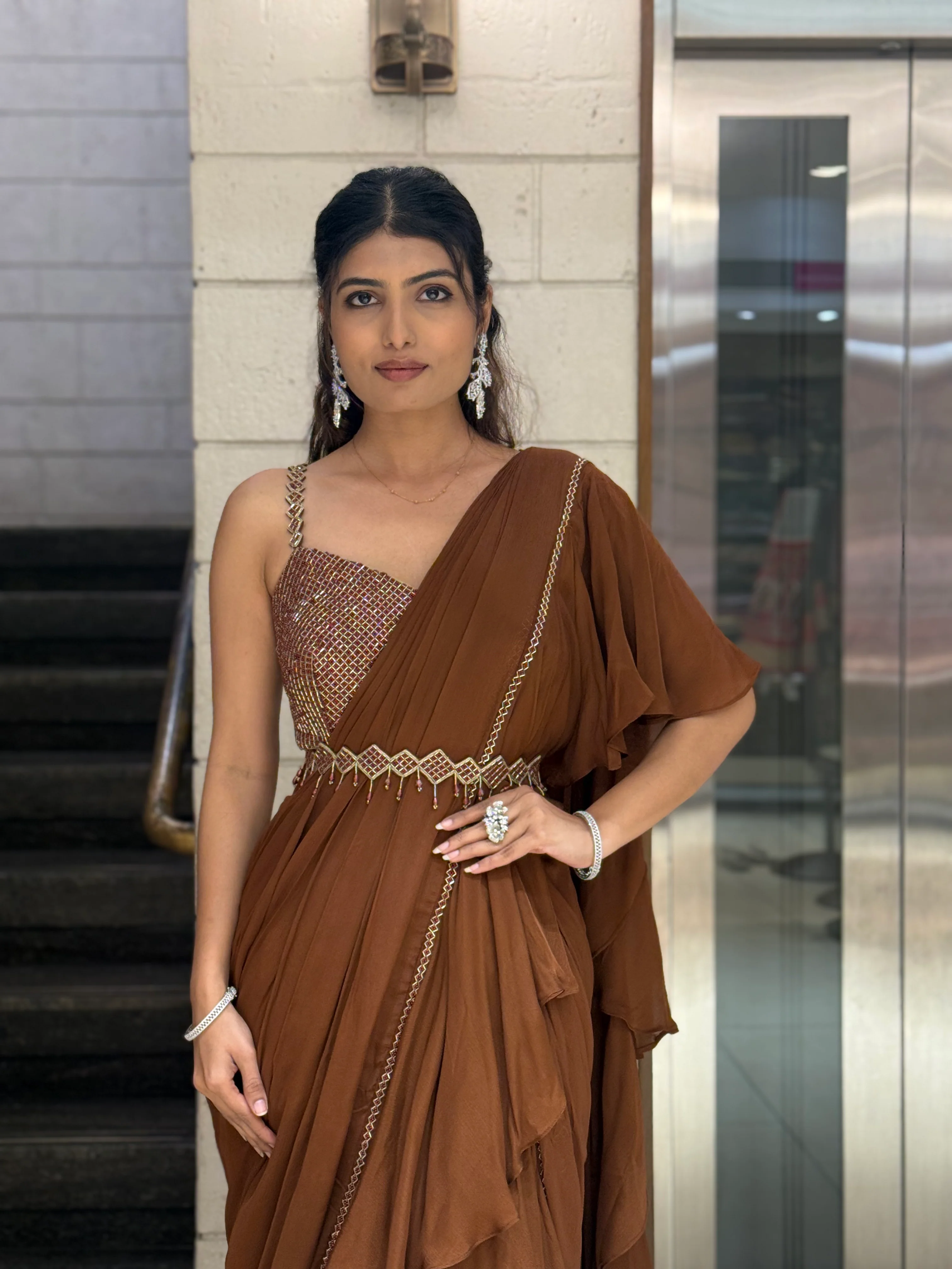 Mocha Brown Ruffle READY TO WEAR Saree with Embellished Blouse - Image 4