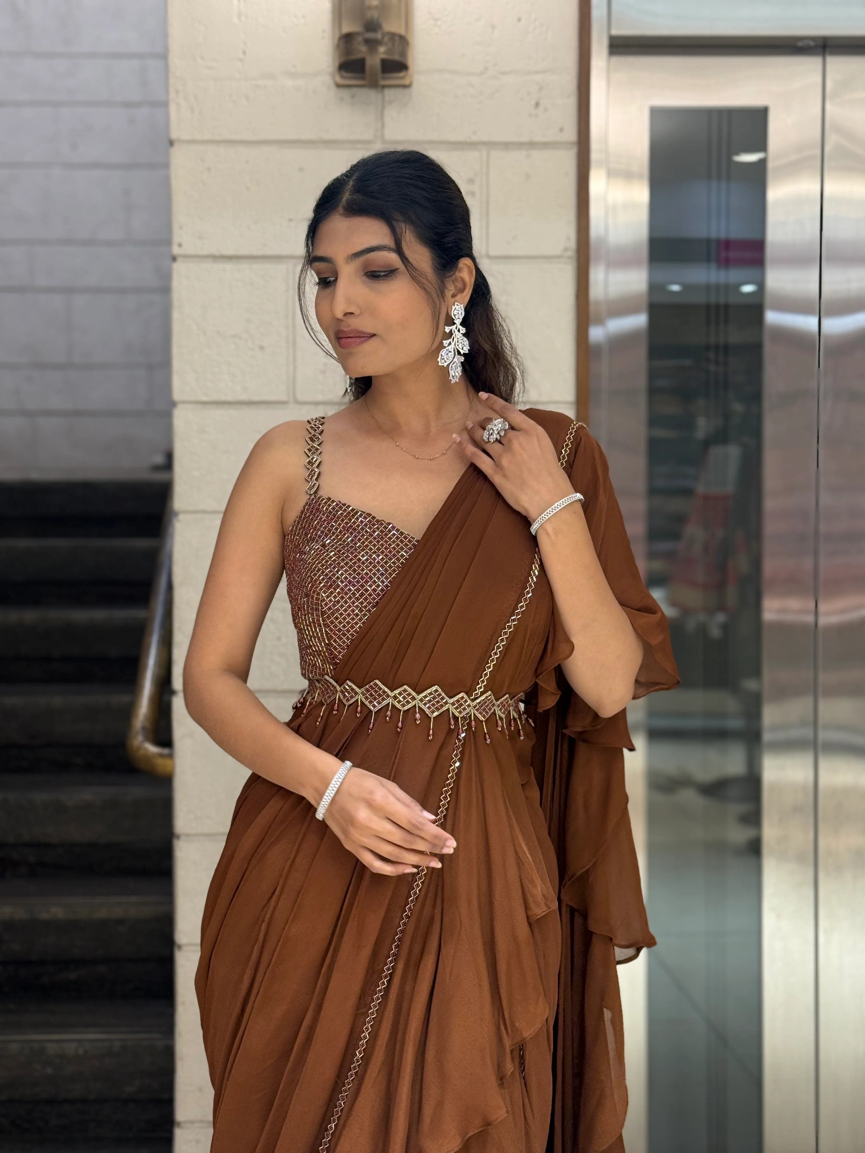 Mocha Brown Ruffle READY TO WEAR Saree with Embellished Blouse - Image 5