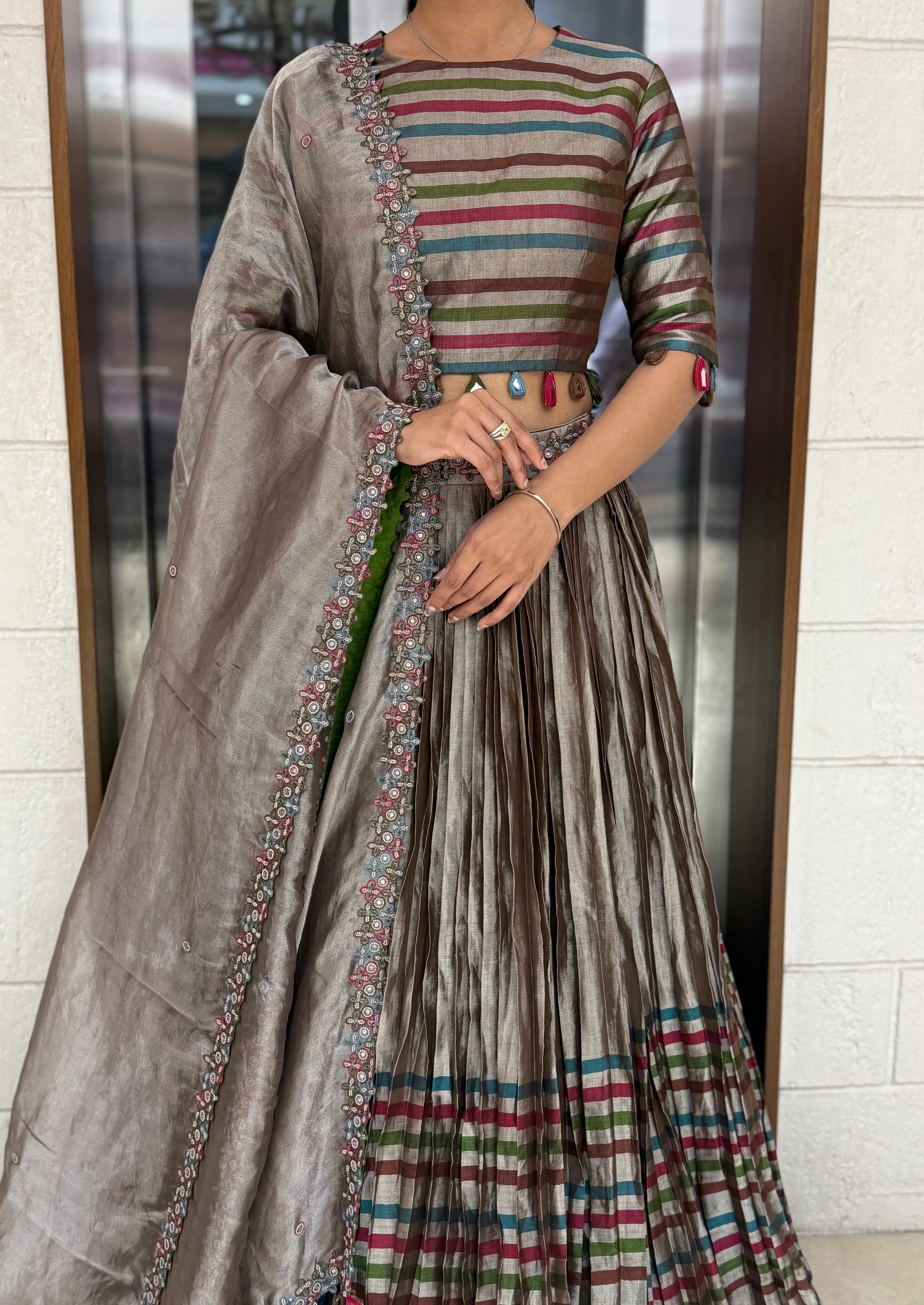 Mocha Brown Striped Silk Lehenga with Embroidered Dupatta - Image 10