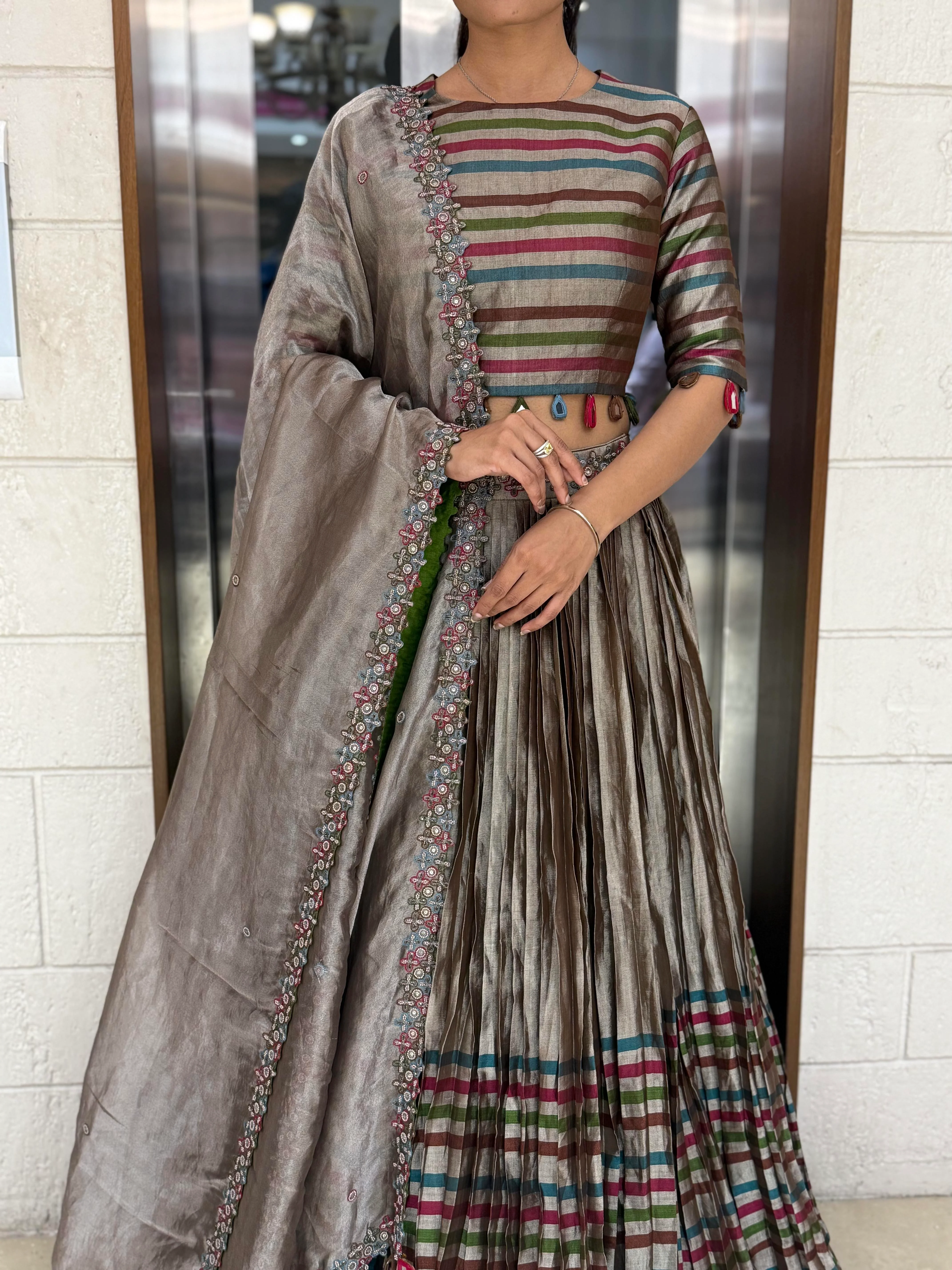 Mocha Brown Striped Silk Lehenga with Embroidered Dupatta - Image 11