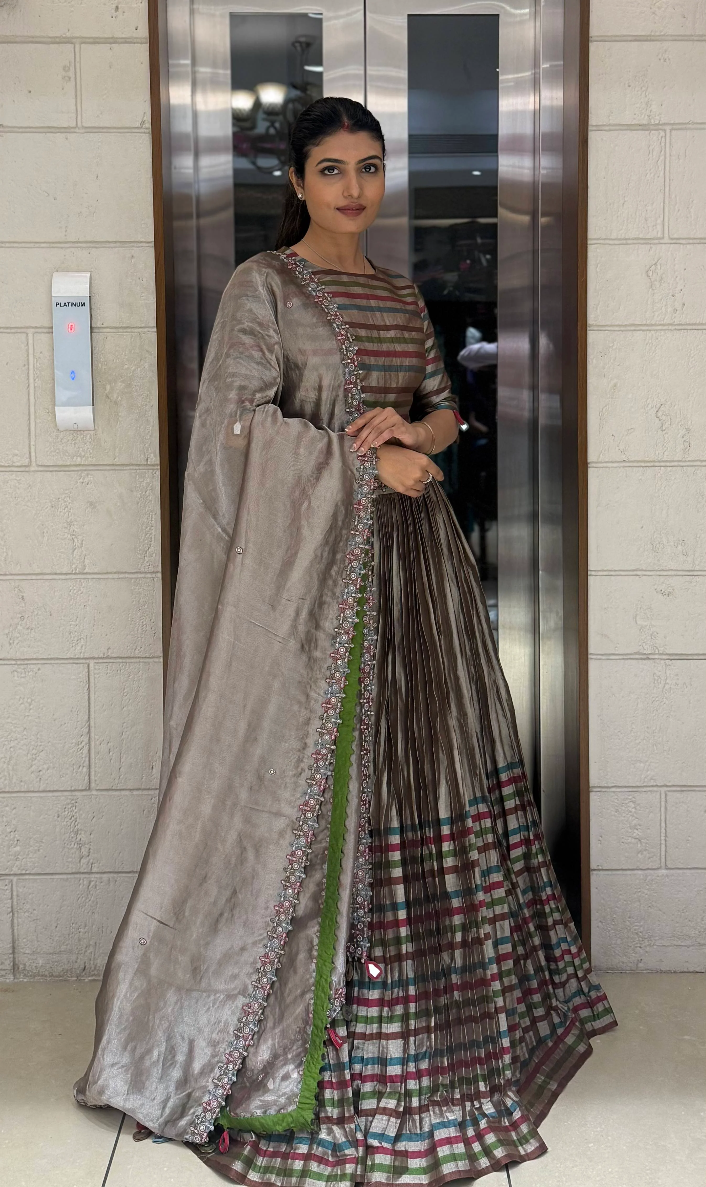 Mocha Brown Striped Silk Lehenga with Embroidered Dupatta - Image 3