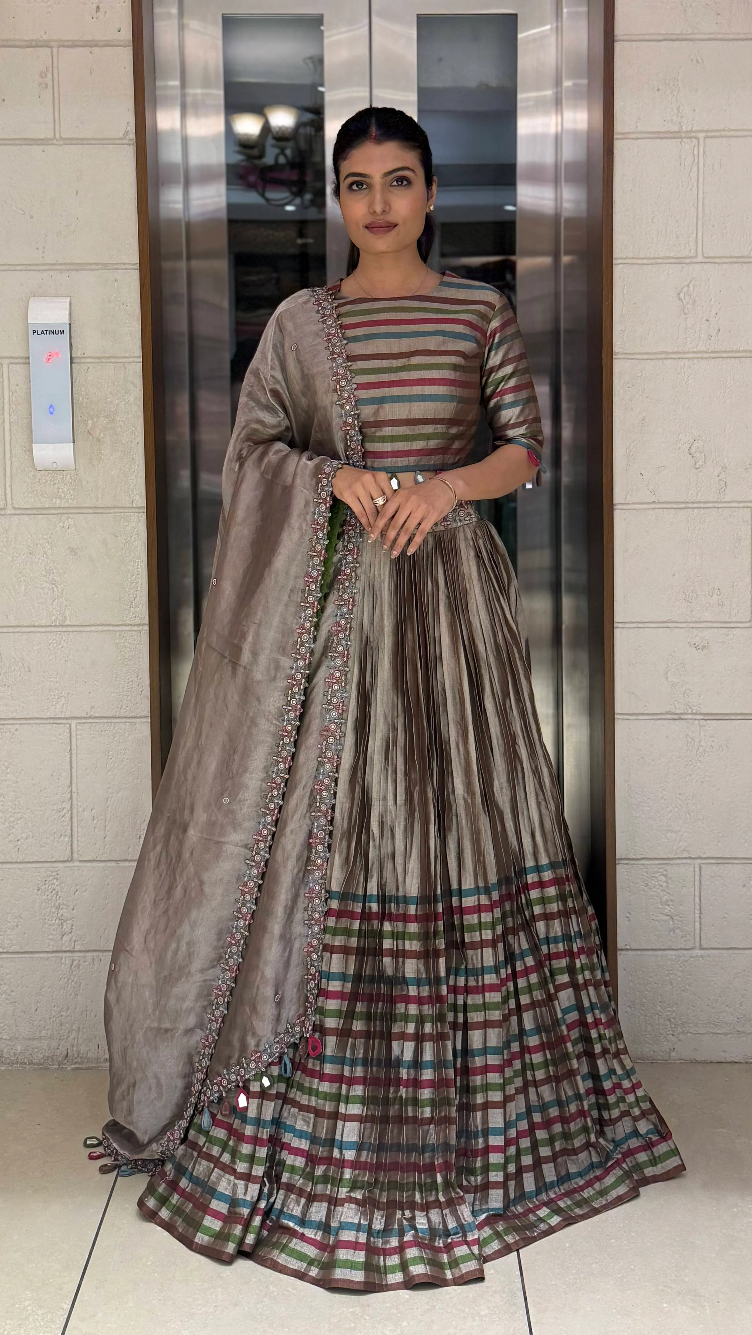 Mocha Brown Striped Silk Lehenga with Embroidered Dupatta - Image 4