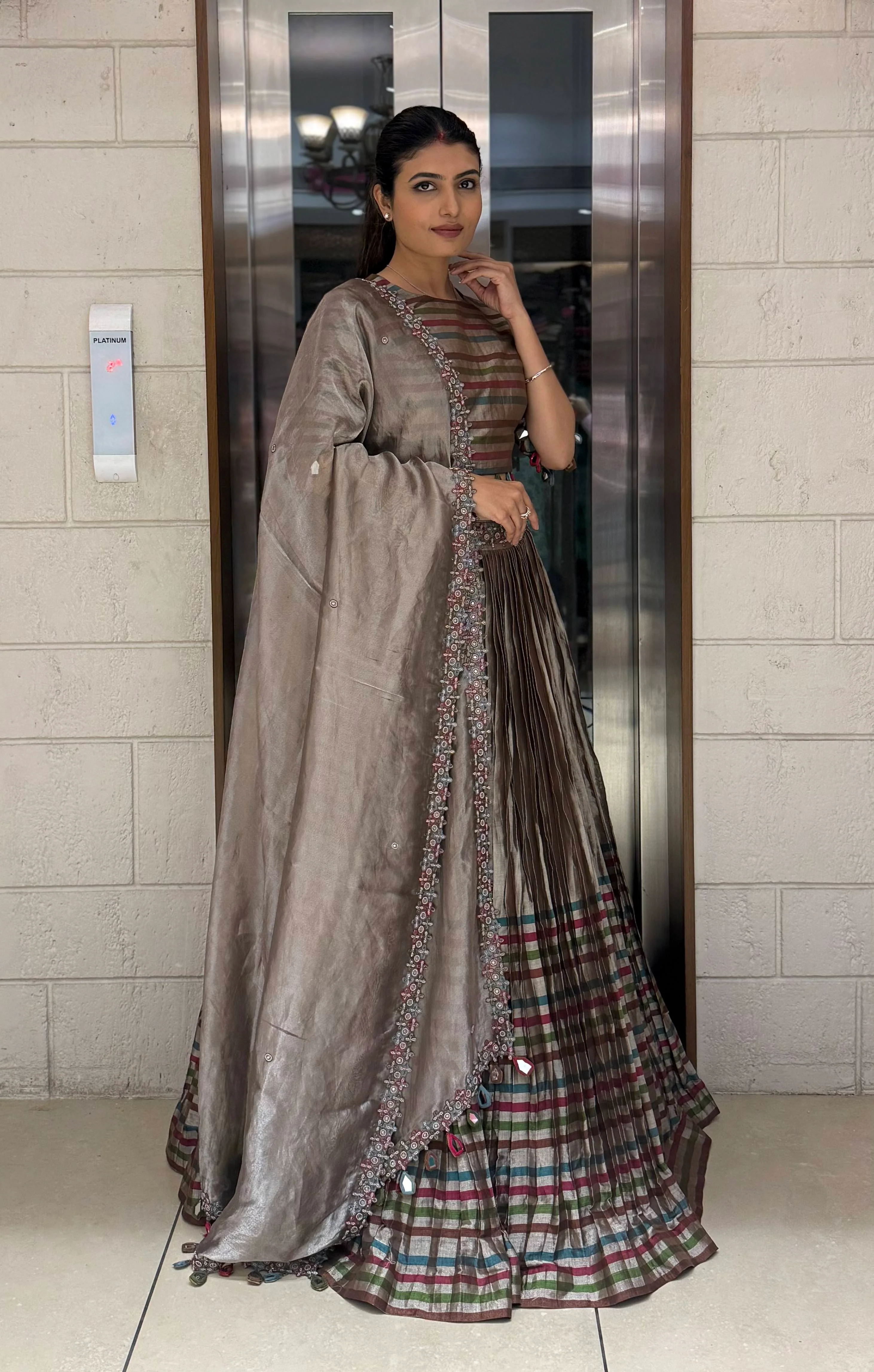 Mocha Brown Striped Silk Lehenga with Embroidered Dupatta - Image 5