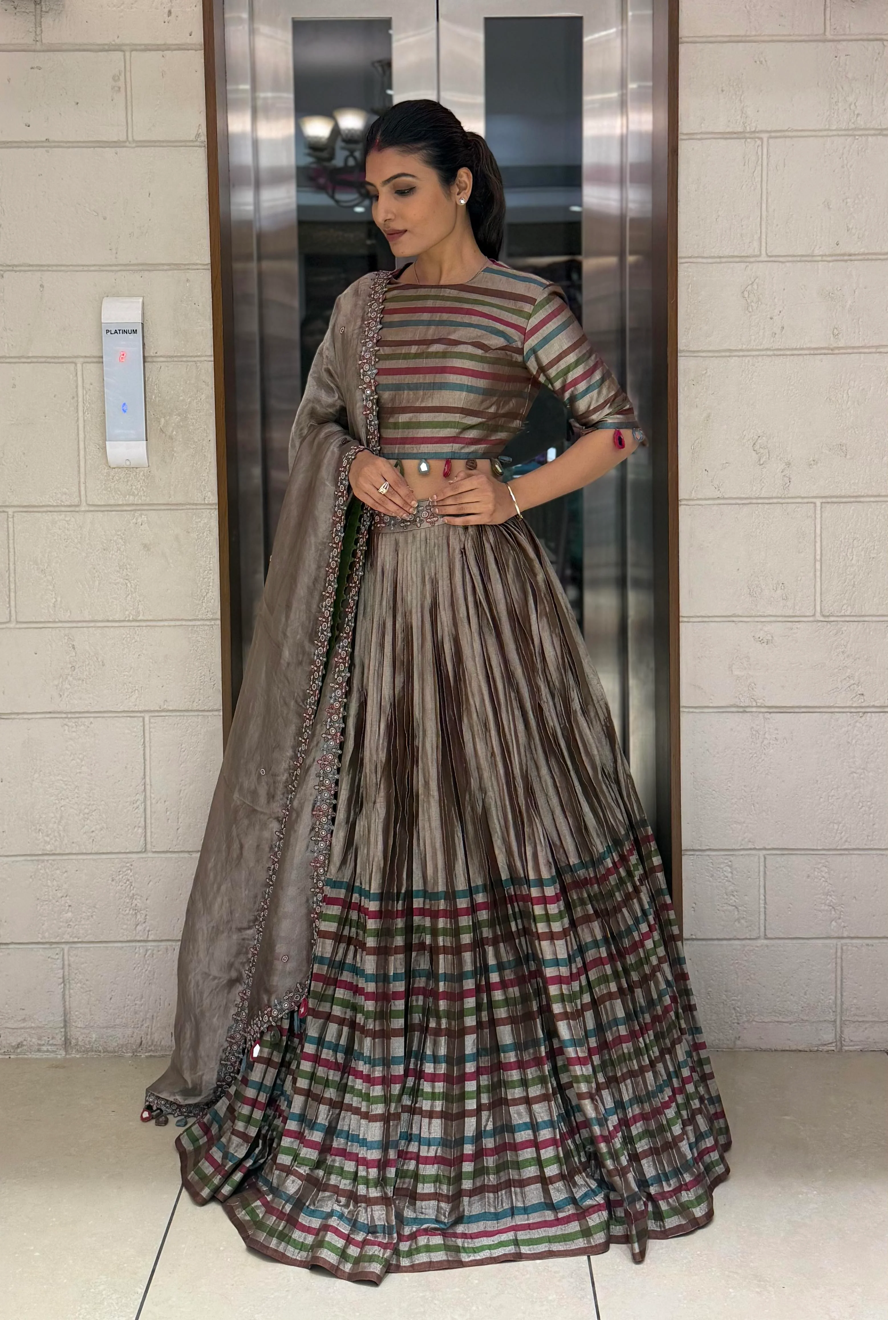 Mocha Brown Striped Silk Lehenga with Embroidered Dupatta - Image 6