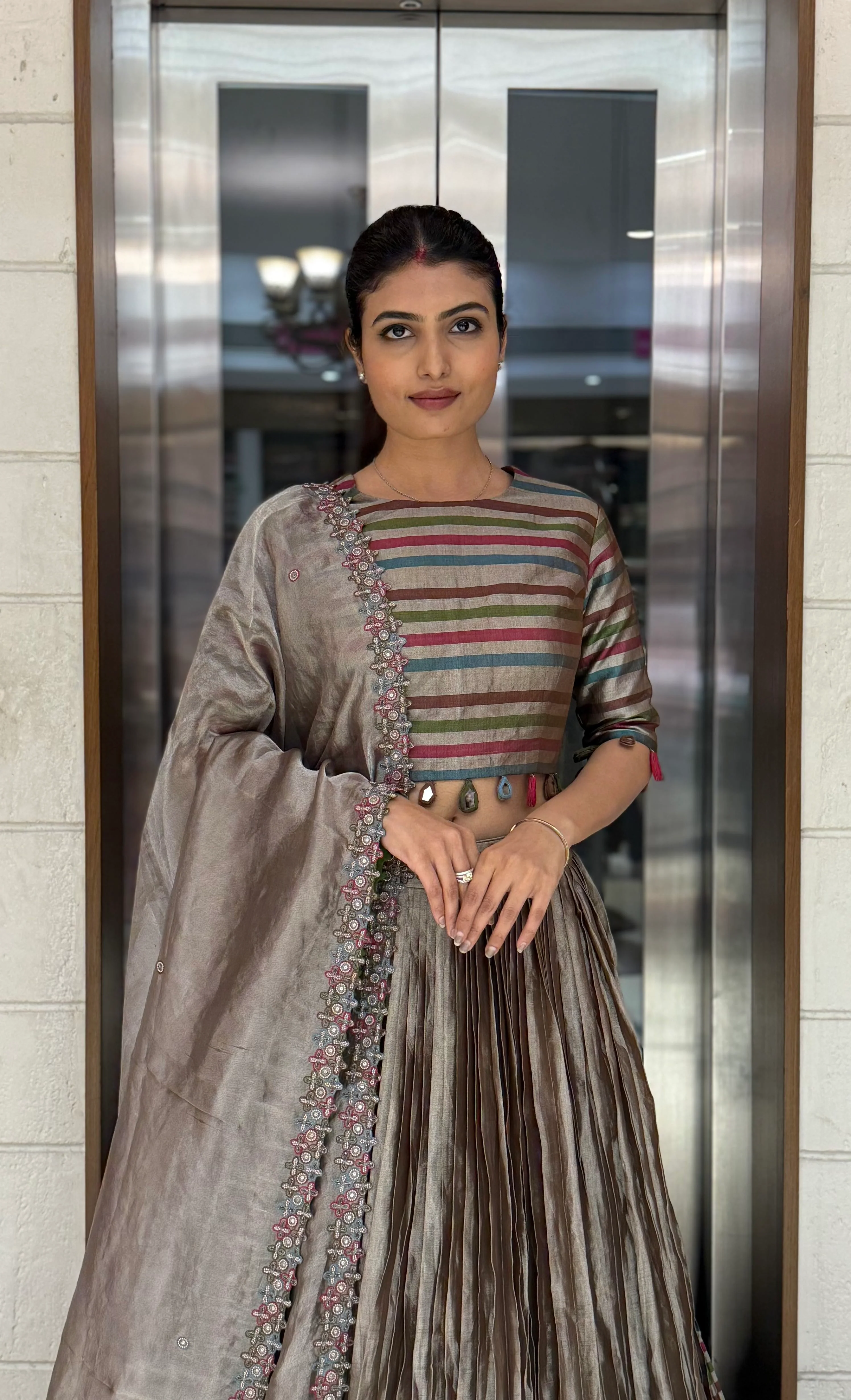 Mocha Brown Striped Silk Lehenga with Embroidered Dupatta - Image 7