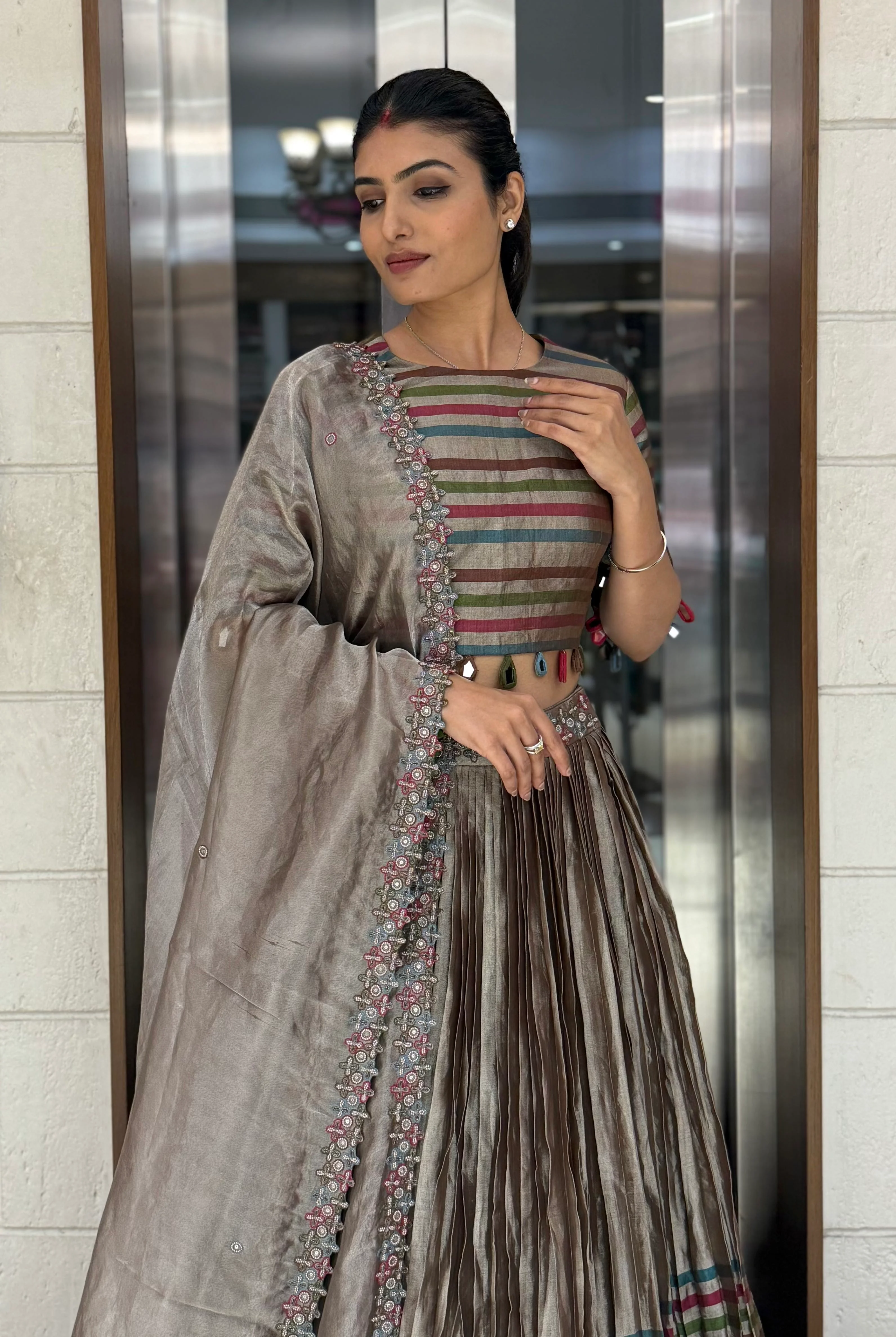 Mocha Brown Striped Silk Lehenga with Embroidered Dupatta - Image 8