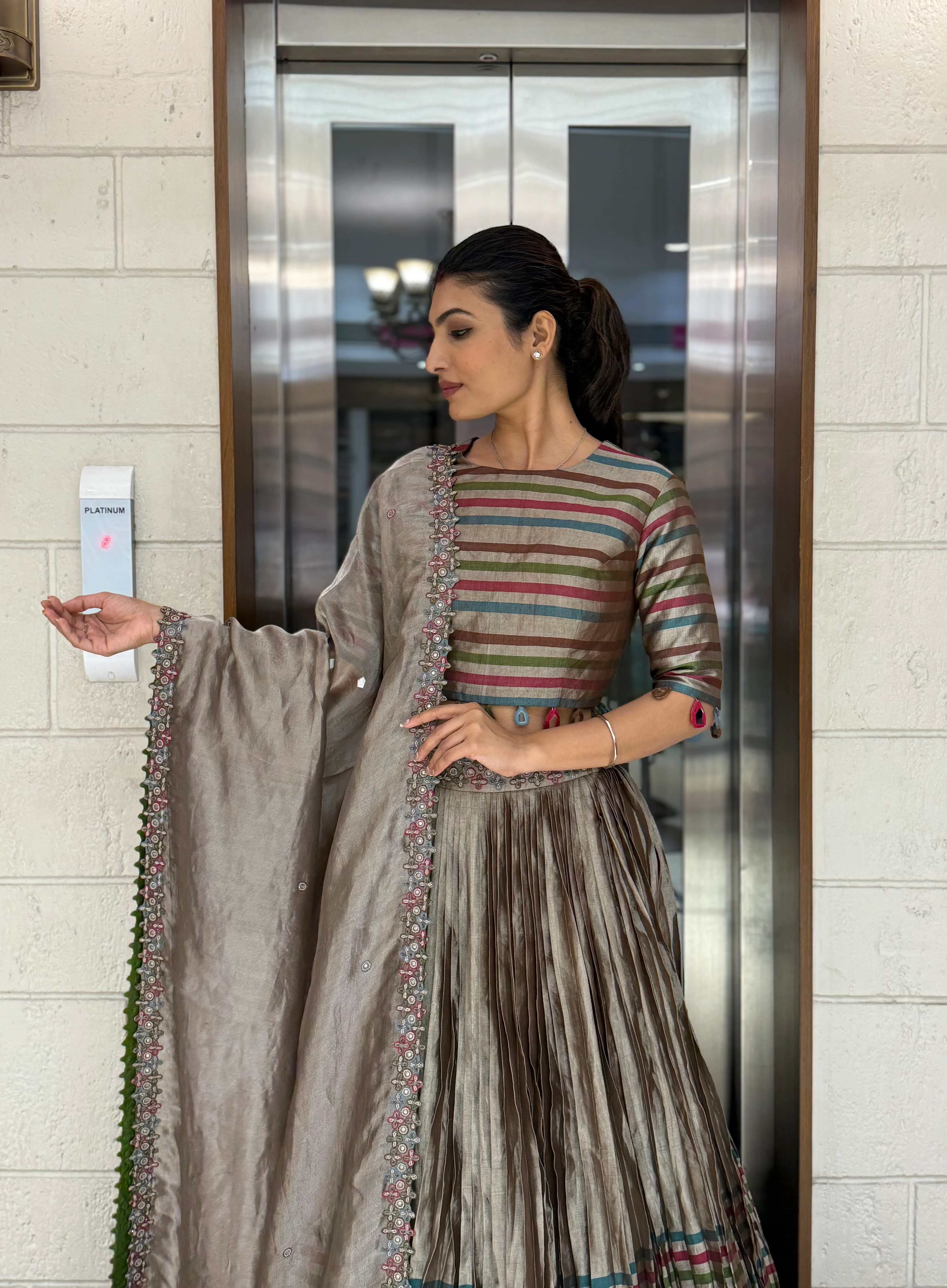 Mocha Brown Striped Silk Lehenga with Embroidered Dupatta - Image 9