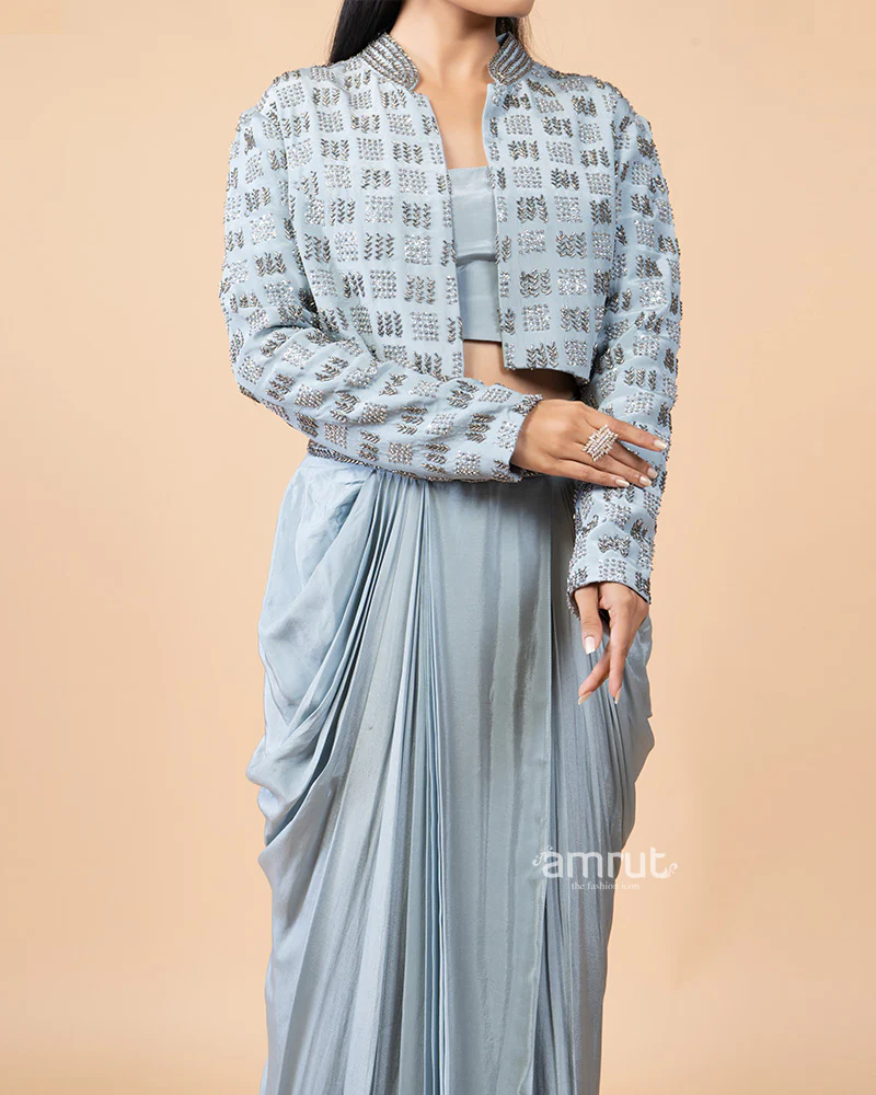 Modern Grey Draped Skirt with Glamorous Embellished Top and Jacket - Image 3