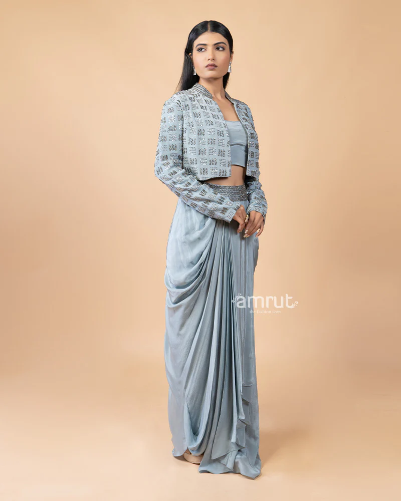 Modern Grey Draped Skirt with Glamorous Embellished Top and Jacket - Image 4