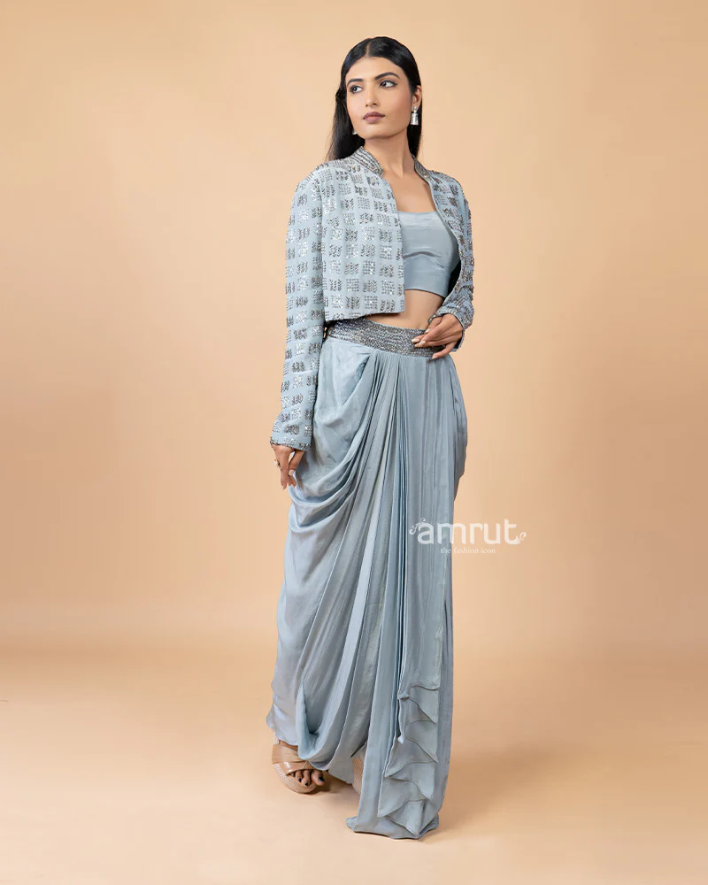 Modern Grey Draped Skirt with Glamorous Embellished Top and Jacket - Image 5
