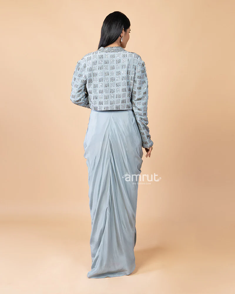 Modern Grey Draped Skirt with Glamorous Embellished Top and Jacket - Image 6
