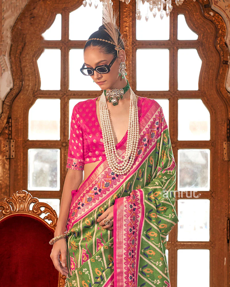Moss Green Patola Printed Silk Saree with Unstitched Blouse - Image 2