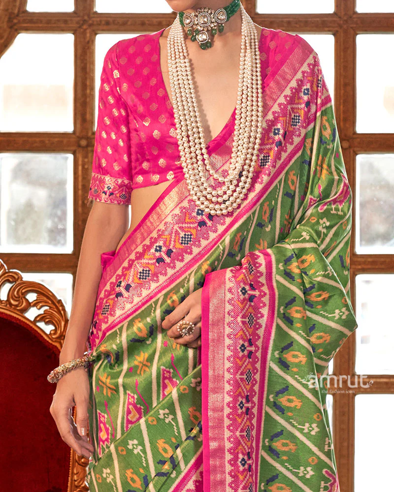 Moss Green Patola Printed Silk Saree with Unstitched Blouse - Image 3