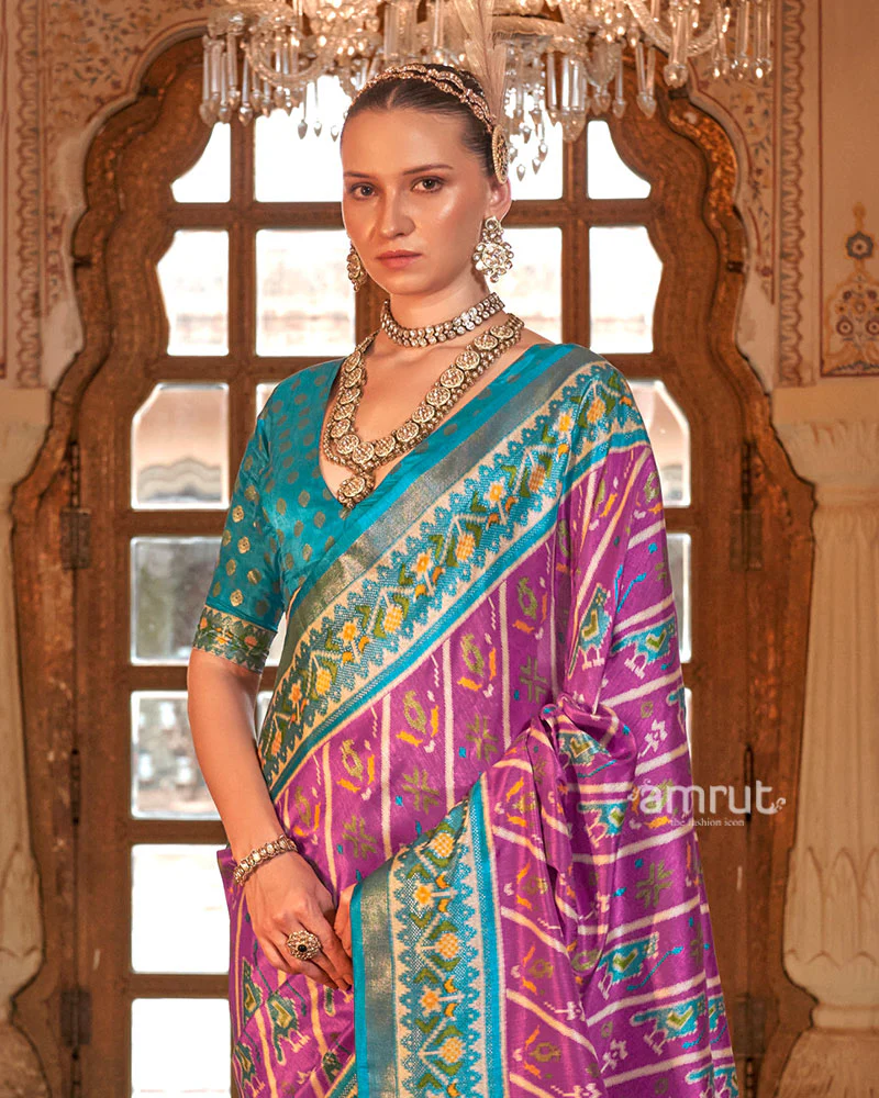 Mulberry Violet Patola Printed Silk Saree with Unstitched Blouse - Image 2