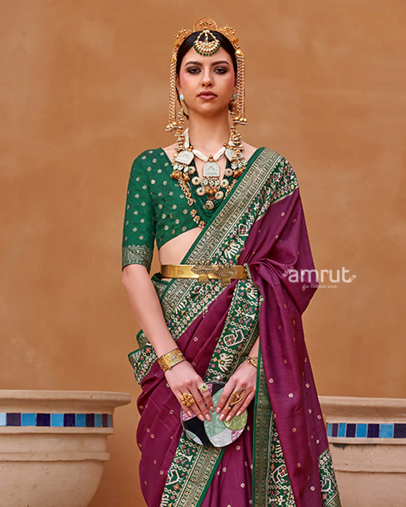Mulberry Zari Weaving Green Border Saree in Patola Silk with Unstitched Blouse - Image 2