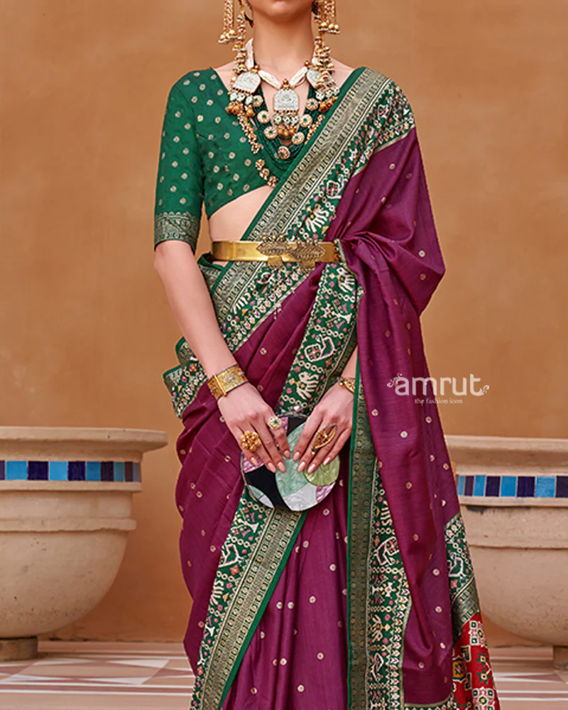 Mulberry Zari Weaving Green Border Saree in Patola Silk with Unstitched Blouse - Image 3