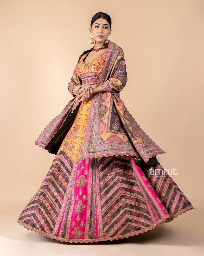 Multi-color Chanderi Silk Embroidered Lehenga Set With Dupatta - Image 4