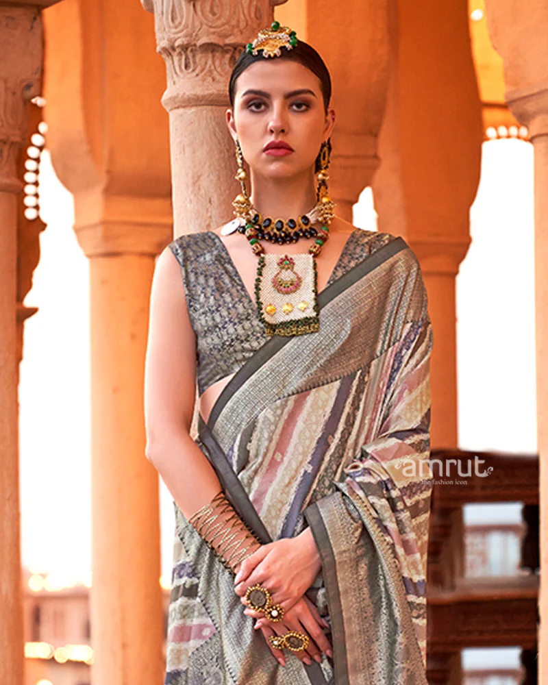 Multicolor Foil Print Work Silk Saree with Unstitched Blouse - Image 2