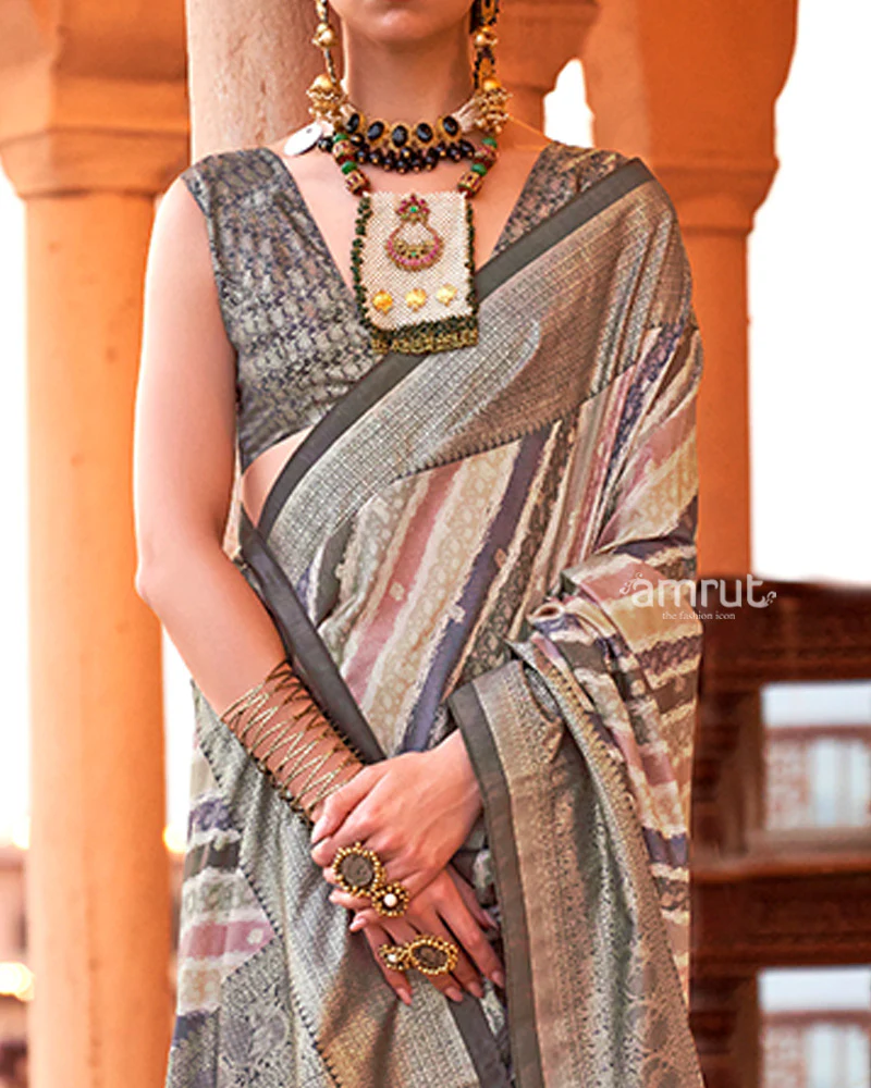 Multicolor Foil Print Work Silk Saree with Unstitched Blouse - Image 3