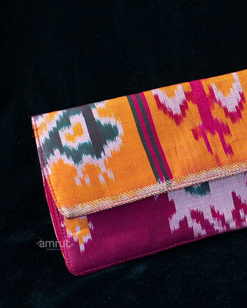 Multicolor Ikat Clutch with Maroon Lining and Stitched Edge - Image 2