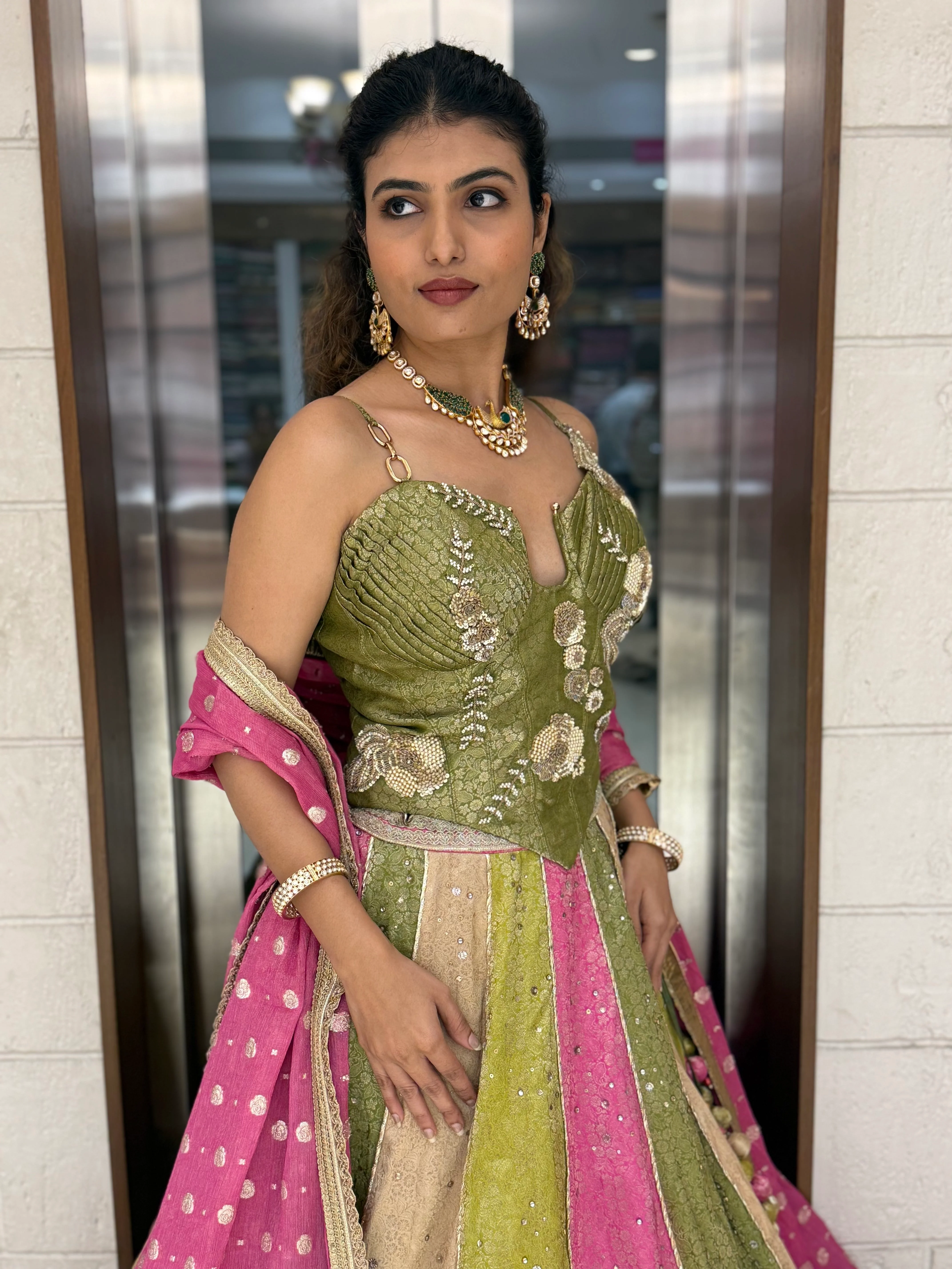 Multicolor Panelled Sequin Lehenga with Hand-Embroidered Corset Blouse - Image 2