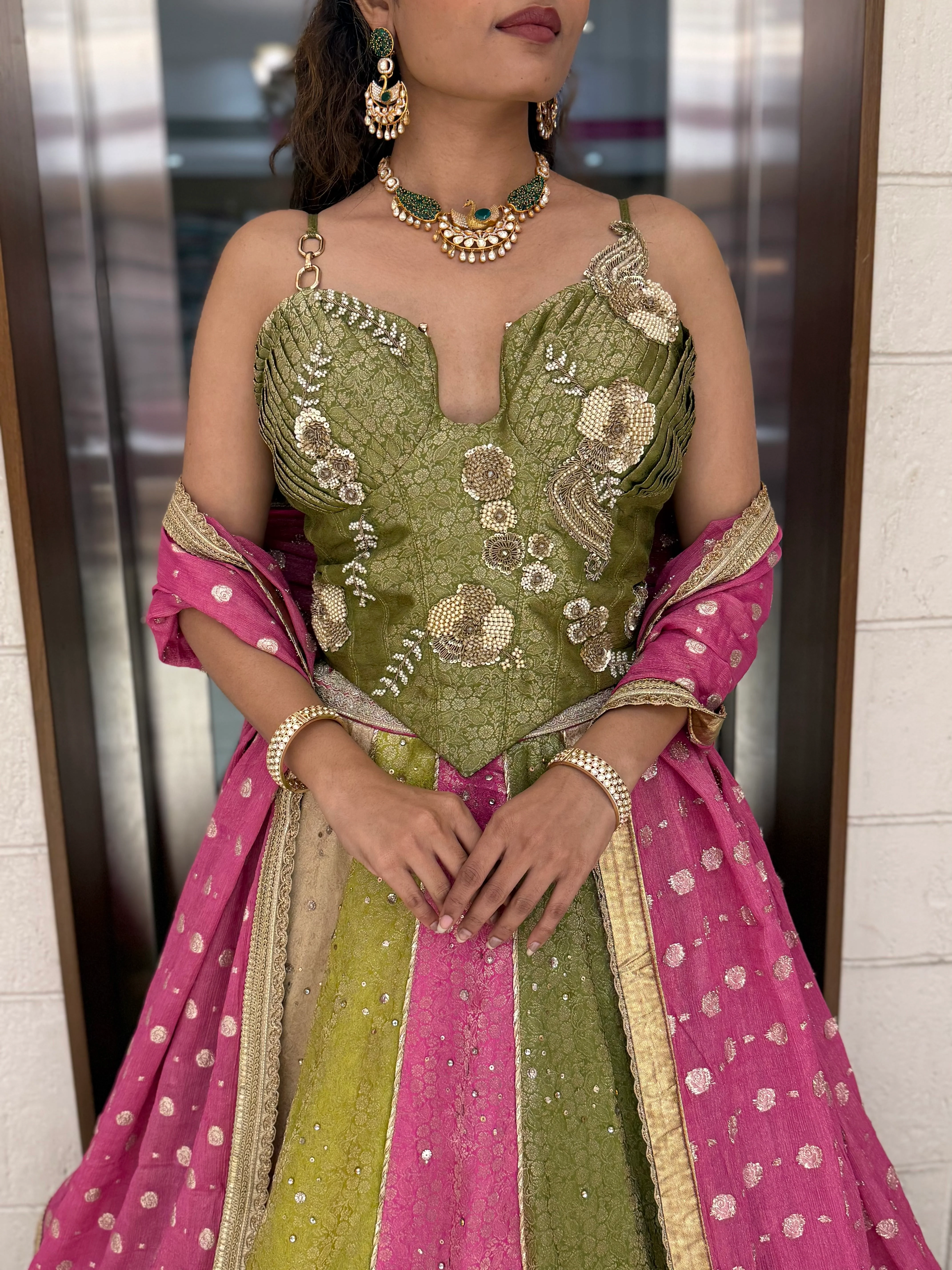 Multicolor Panelled Sequin Lehenga with Hand-Embroidered Corset Blouse - Image 3