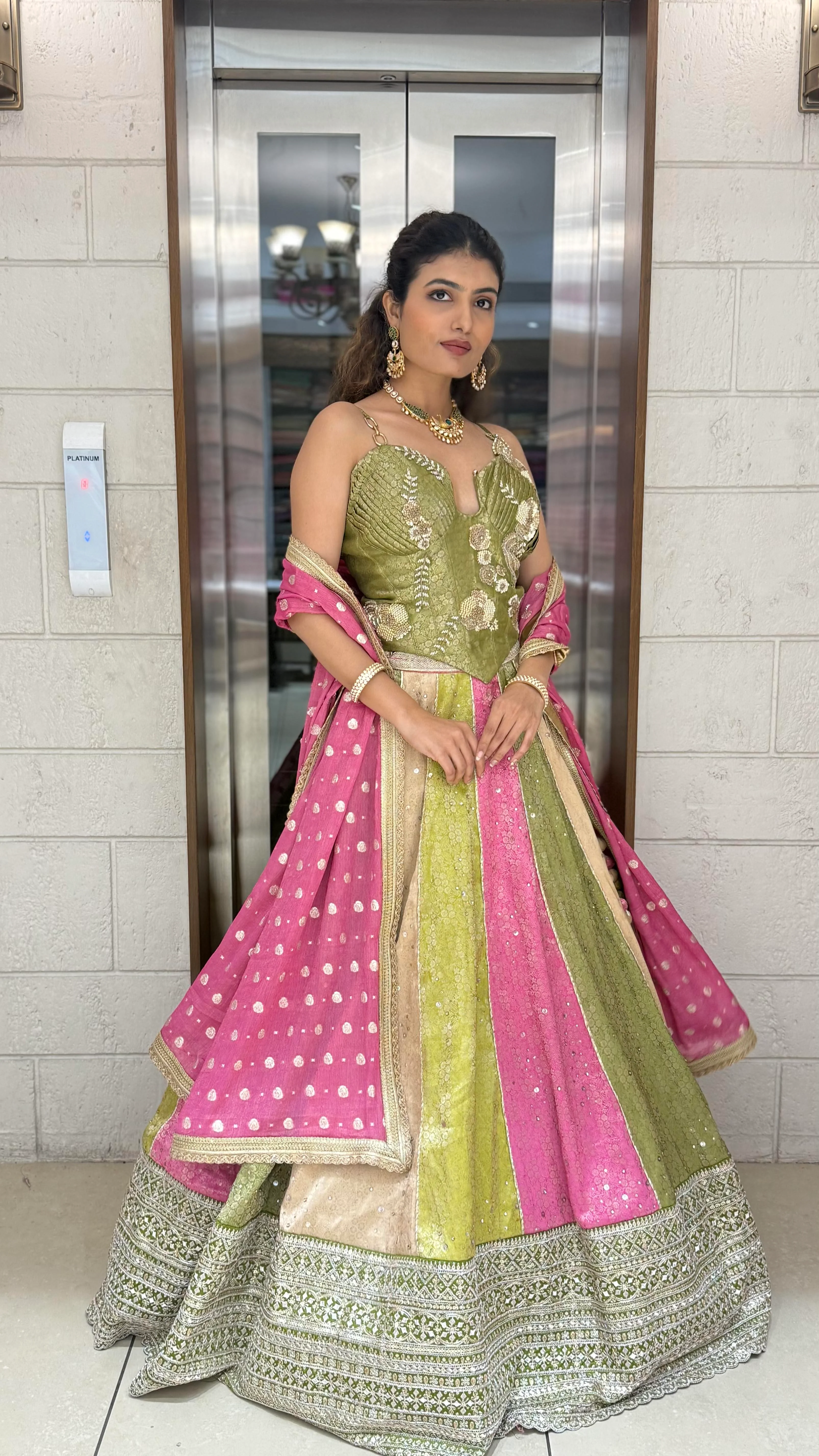 Multicolor Panelled Sequin Lehenga with Hand-Embroidered Corset Blouse - Image 4