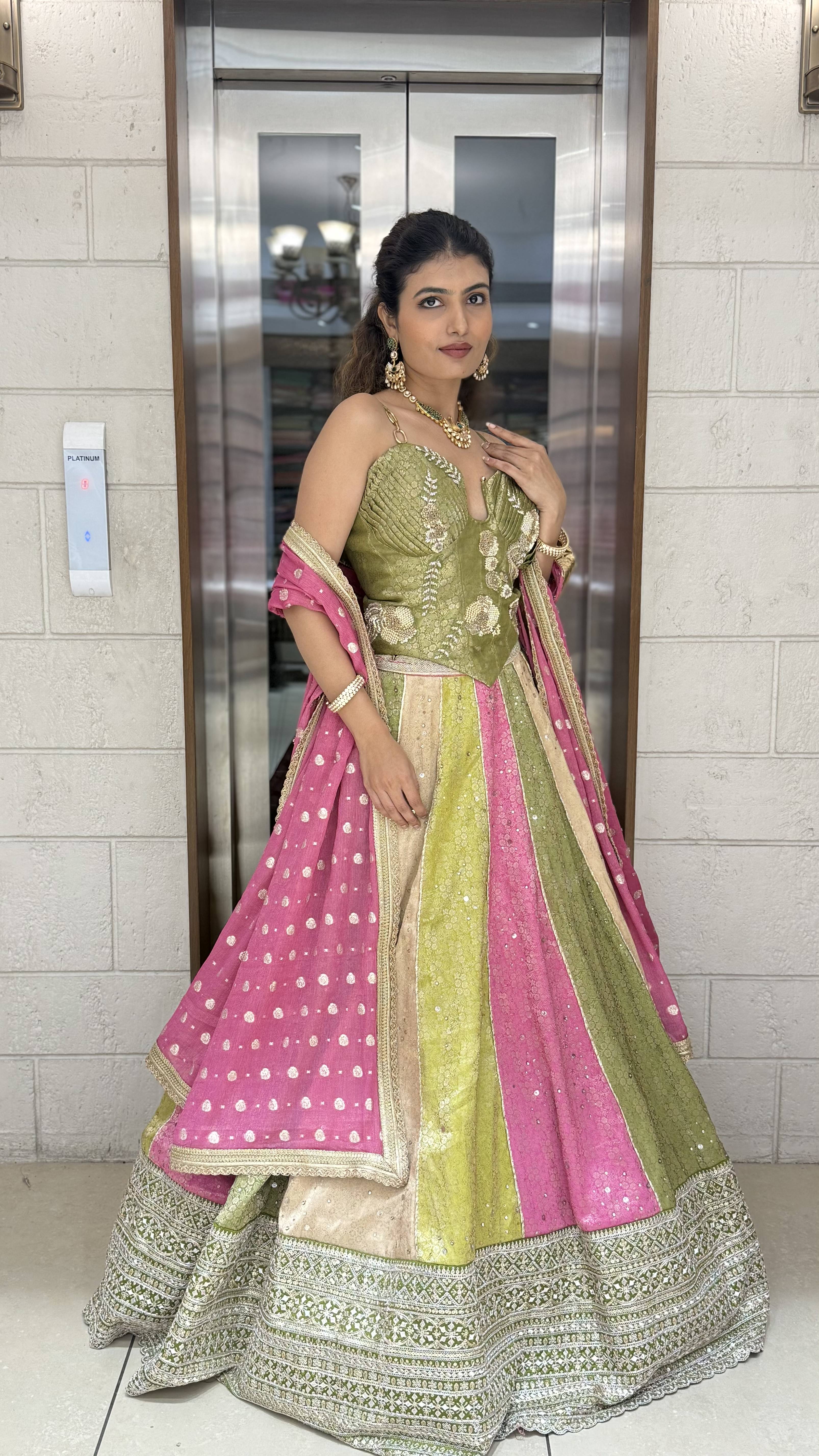Multicolor Panelled Sequin Lehenga with Hand-Embroidered Corset Blouse - Image 5