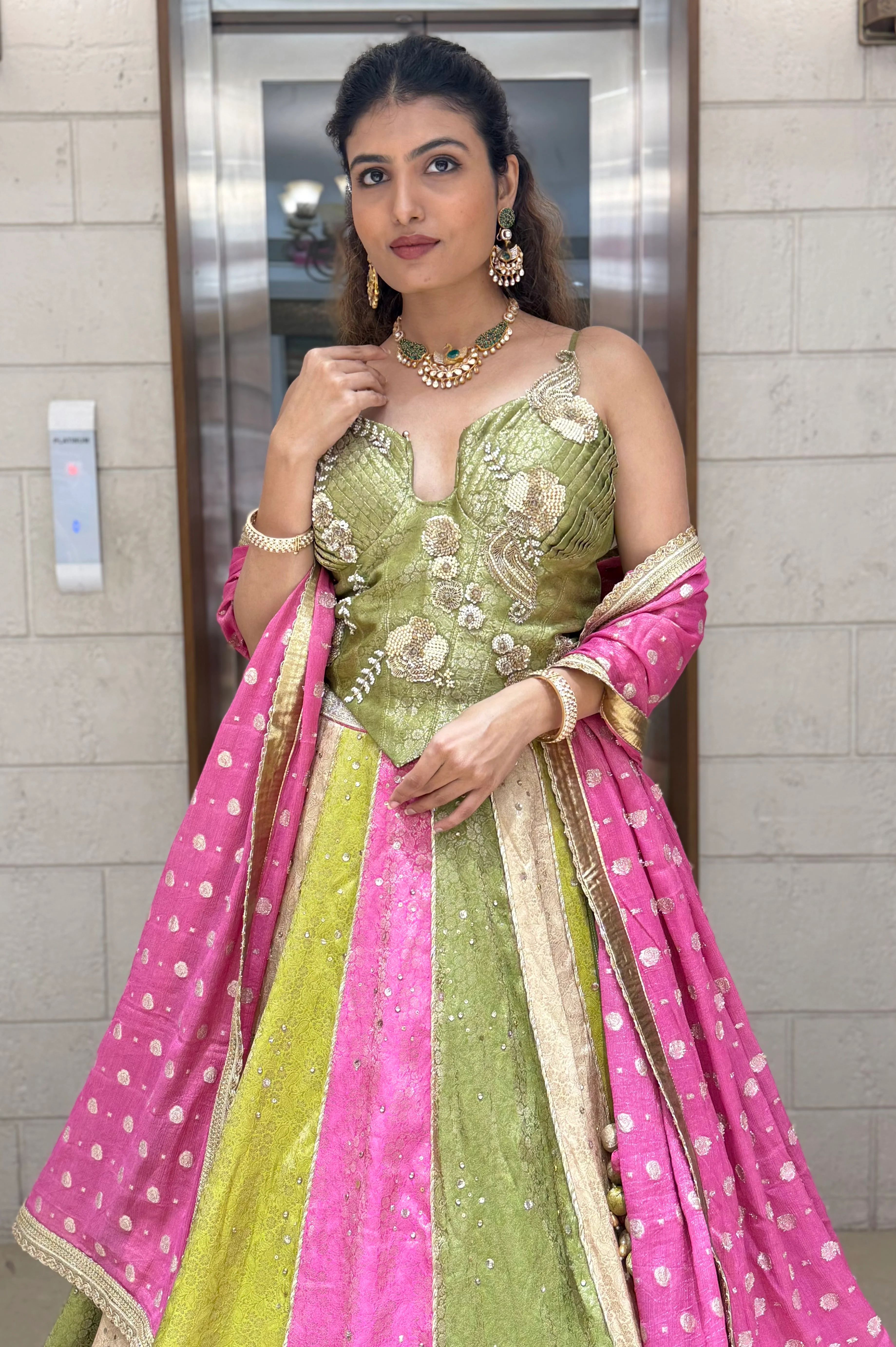Multicolor Panelled Sequin Lehenga with Hand-Embroidered Corset Blouse - Image 6
