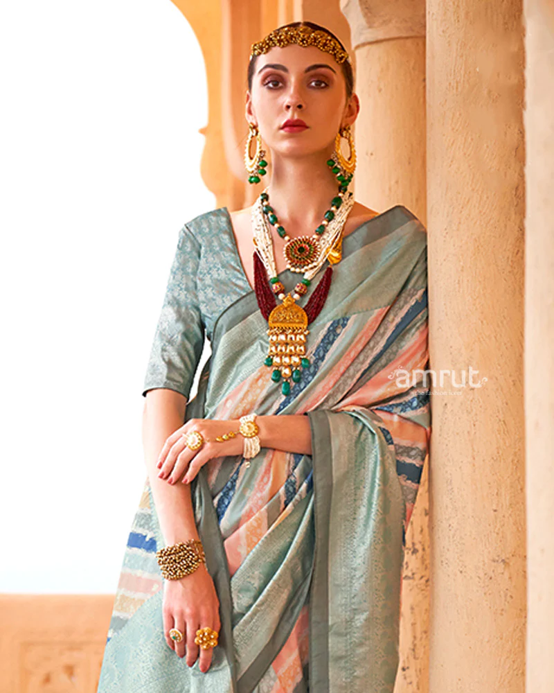 Multicolor Pastel Shades Foil Print Work Silk Saree with Unstitched Blouse - Image 2