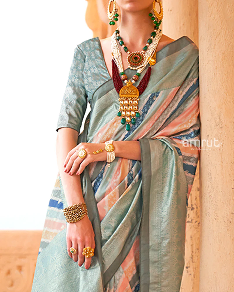 Multicolor Pastel Shades Foil Print Work Silk Saree with Unstitched Blouse - Image 3