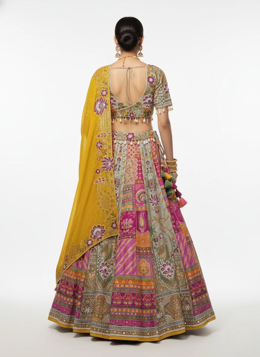 Multicolor Patchwork Embroidered Lehenga Set with Mustard Yellow Dupatta - Image 3