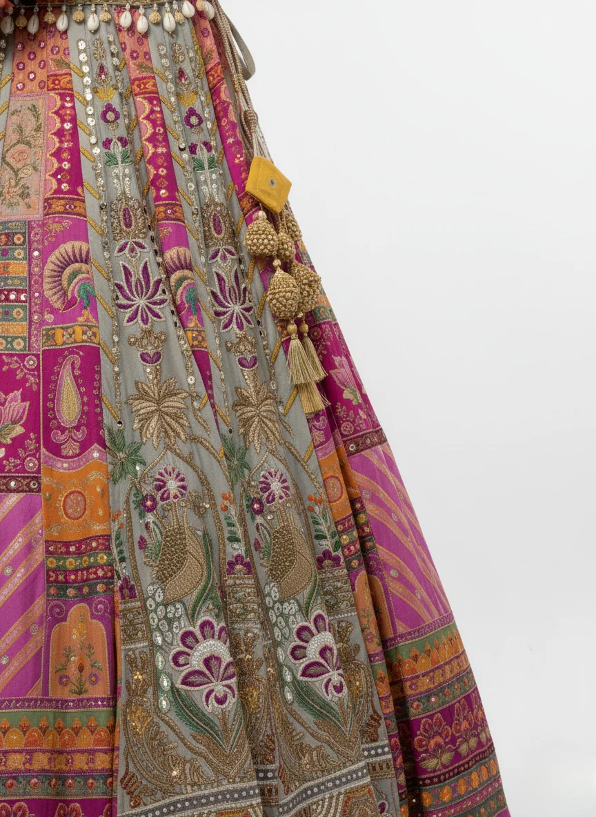Multicolor Patchwork Embroidered Lehenga Set with Mustard Yellow Dupatta - Image 4