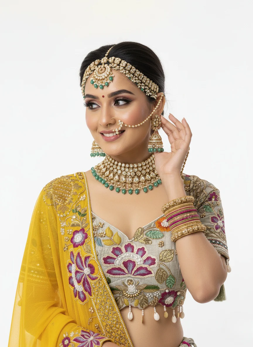 Multicolor Patchwork Embroidered Lehenga Set with Mustard Yellow Dupatta - Image 5