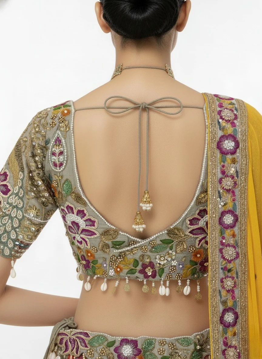 Multicolor Patchwork Embroidered Lehenga Set with Mustard Yellow Dupatta - Image 6